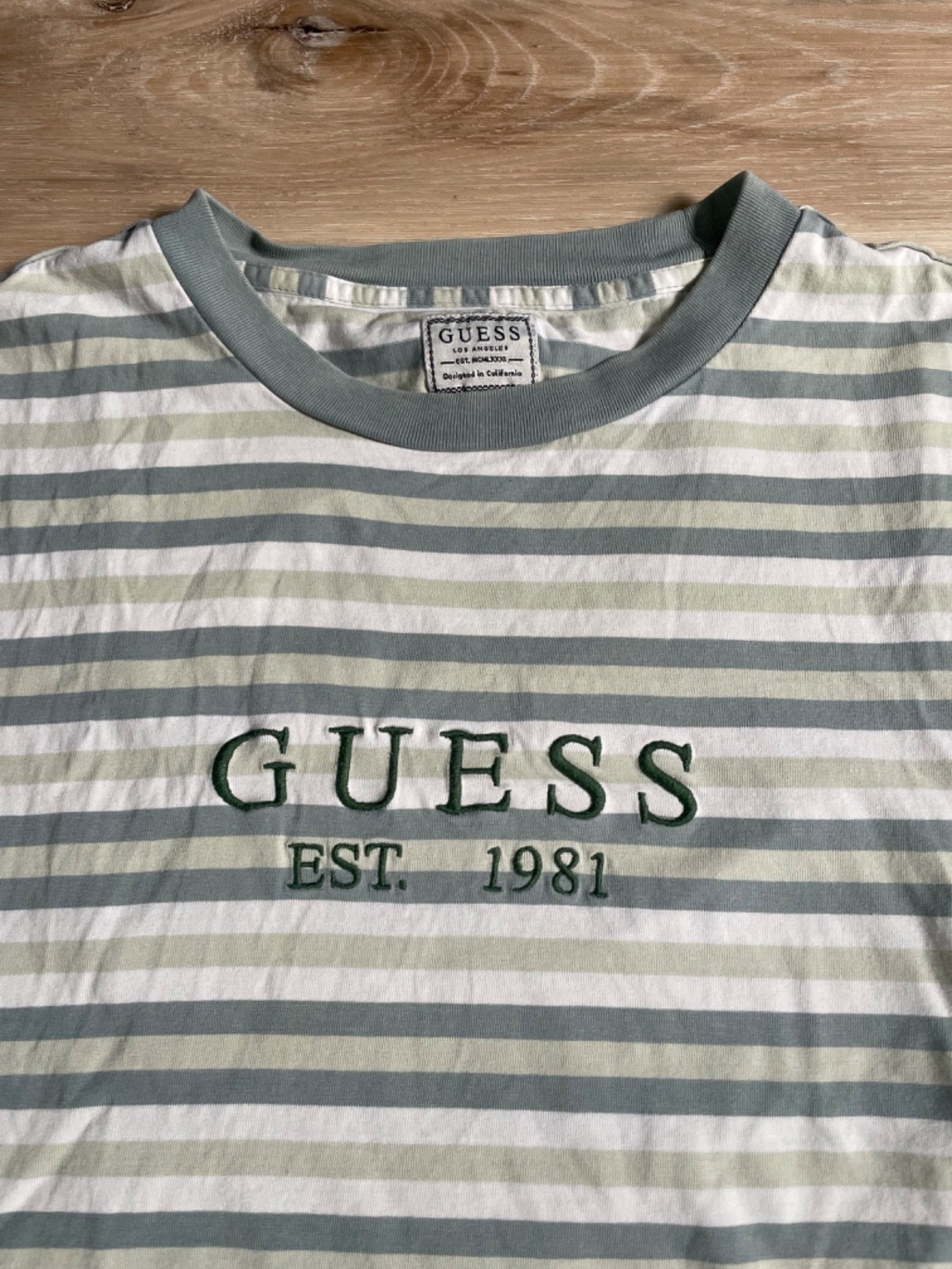 Guess Los Angeles Men Green Striped Crew Neck Short Sleeve T-Shirt Sz S
