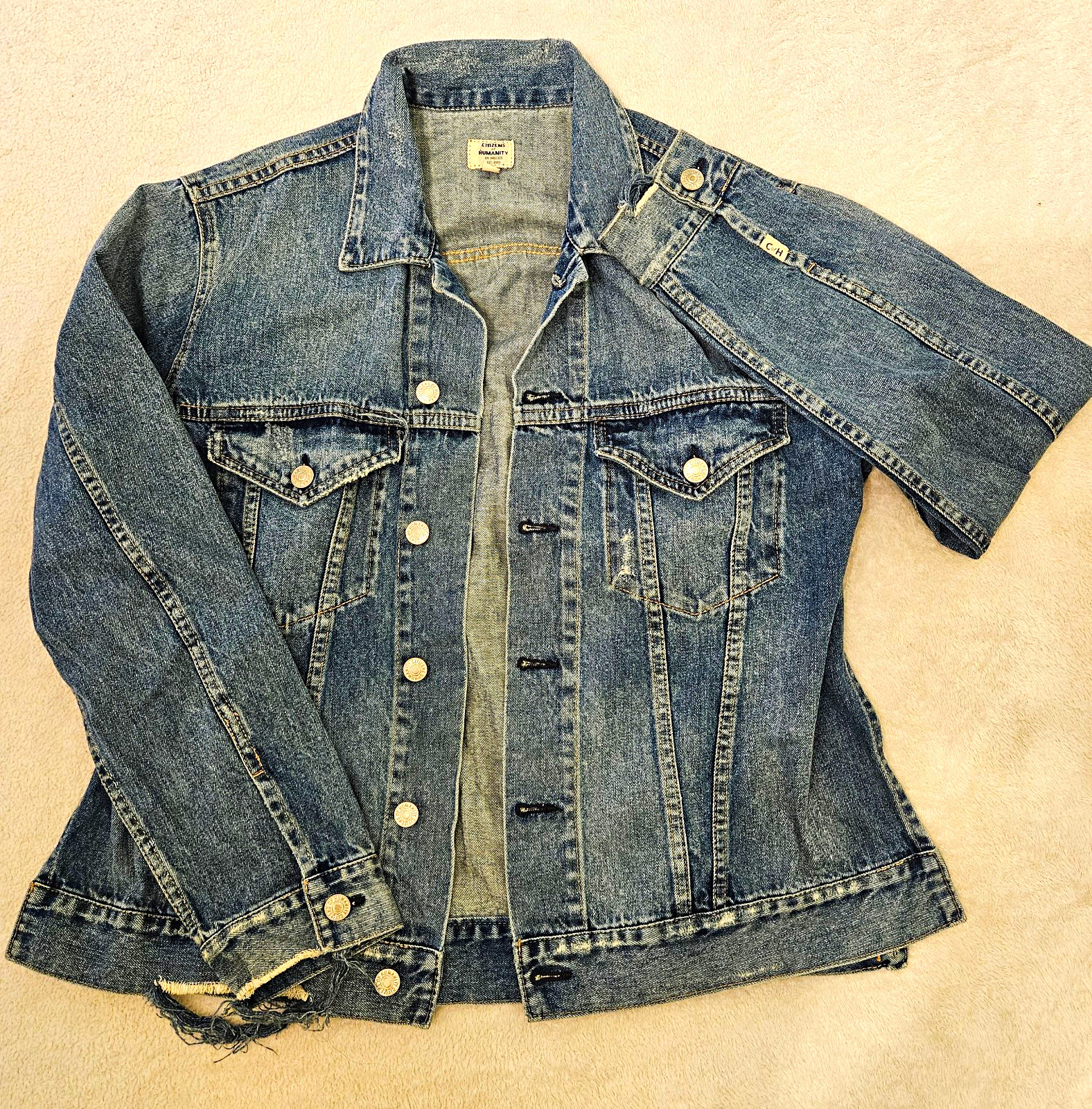 Medium Wash Citizens Of Humanity Denim Jacket With Open Side Panels Distressed