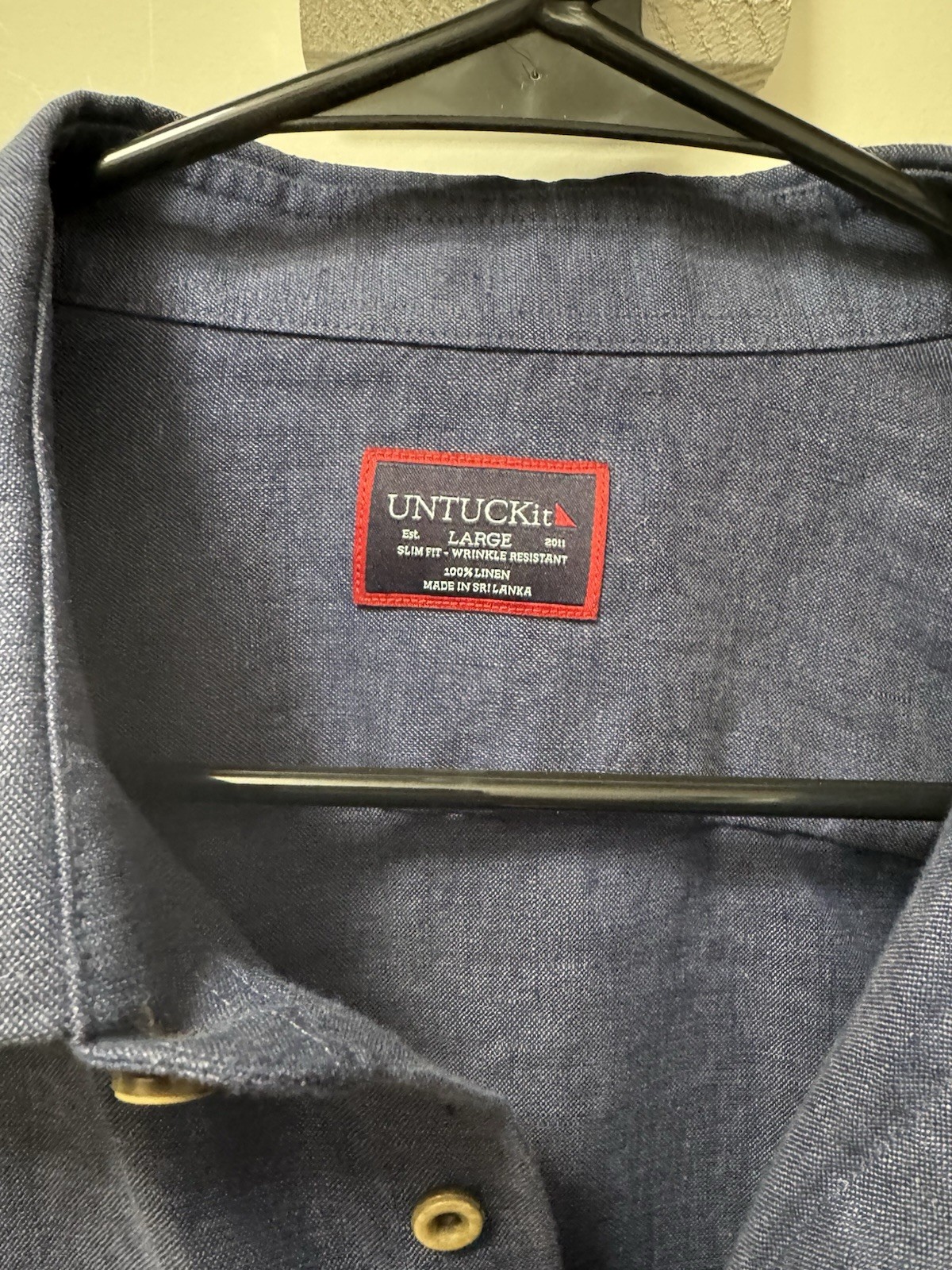 UNTUCKit 100% Linen Shirt Mens L Blue Vin Santo Navy Wrinkle Resistant Summer
