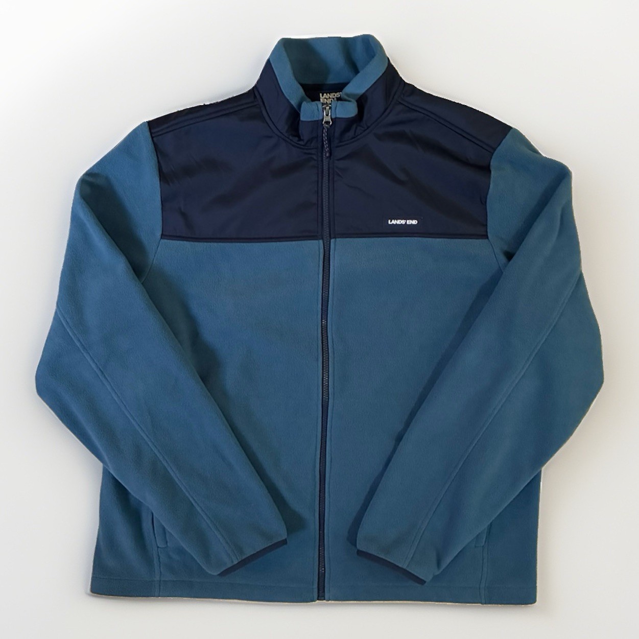 Lands’ End Men’s XL Tall Full Zip Fleece Jacket Navy Blue Colorblock EUC
