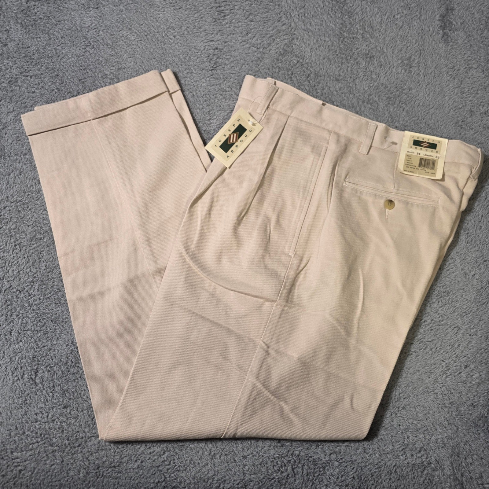 Joseph Abboud Mens 34×32 Dress Pants Beige Pleated Cuffed Rayon Cotton Vintage
