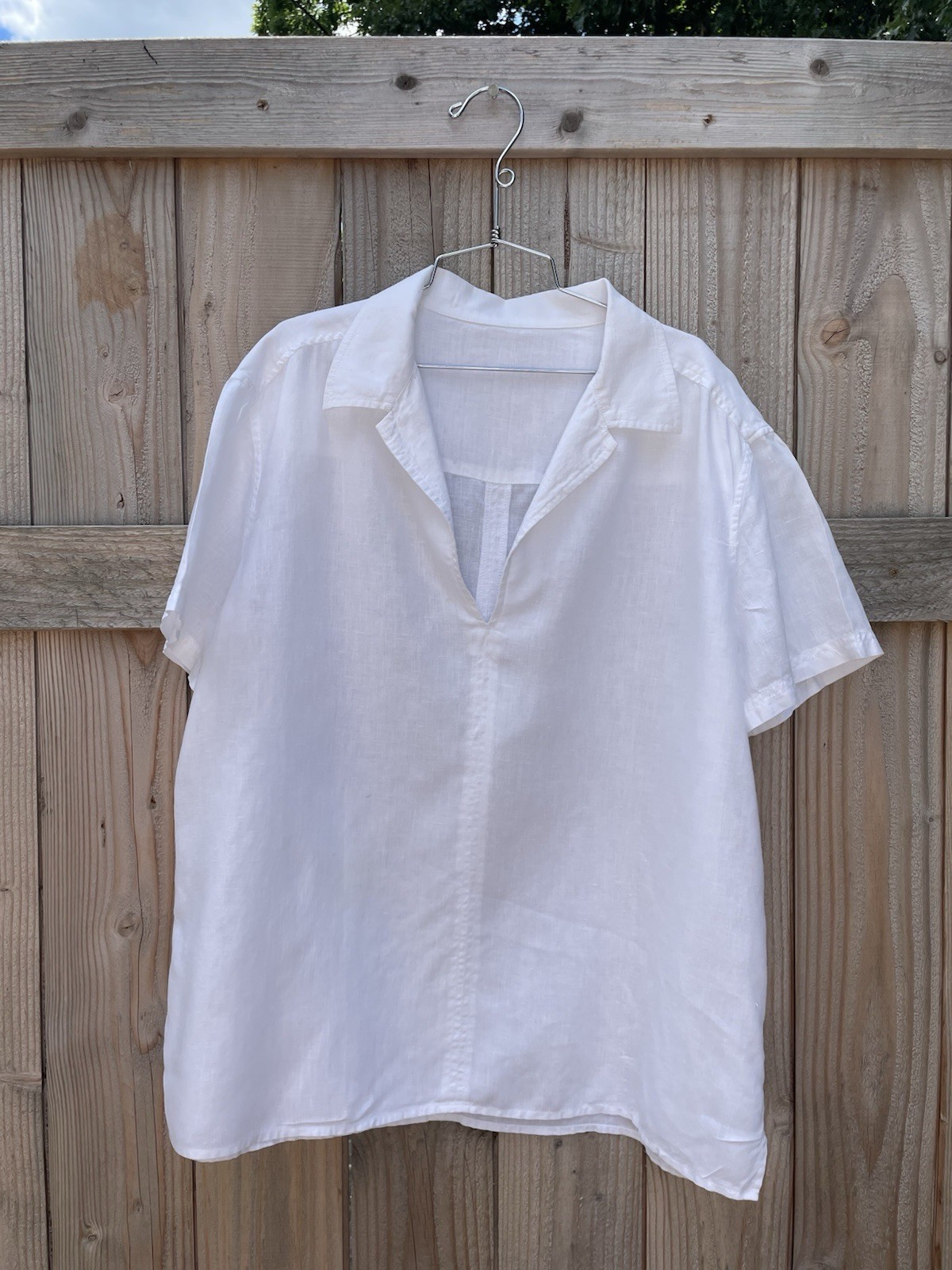 White Split Collar Polo Pullover Shirt S/S 100% Linen Mens L SEE MEASUREMENTS