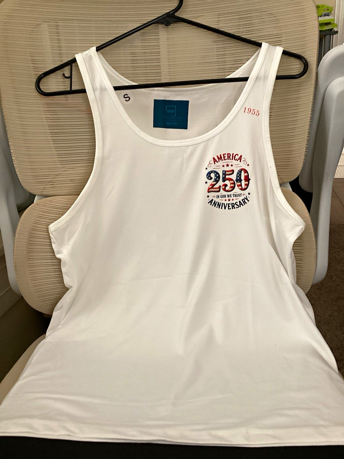 Men’s S White Graphic Print Sleeveless Tank “America 250th” “Red Wine & Blue”