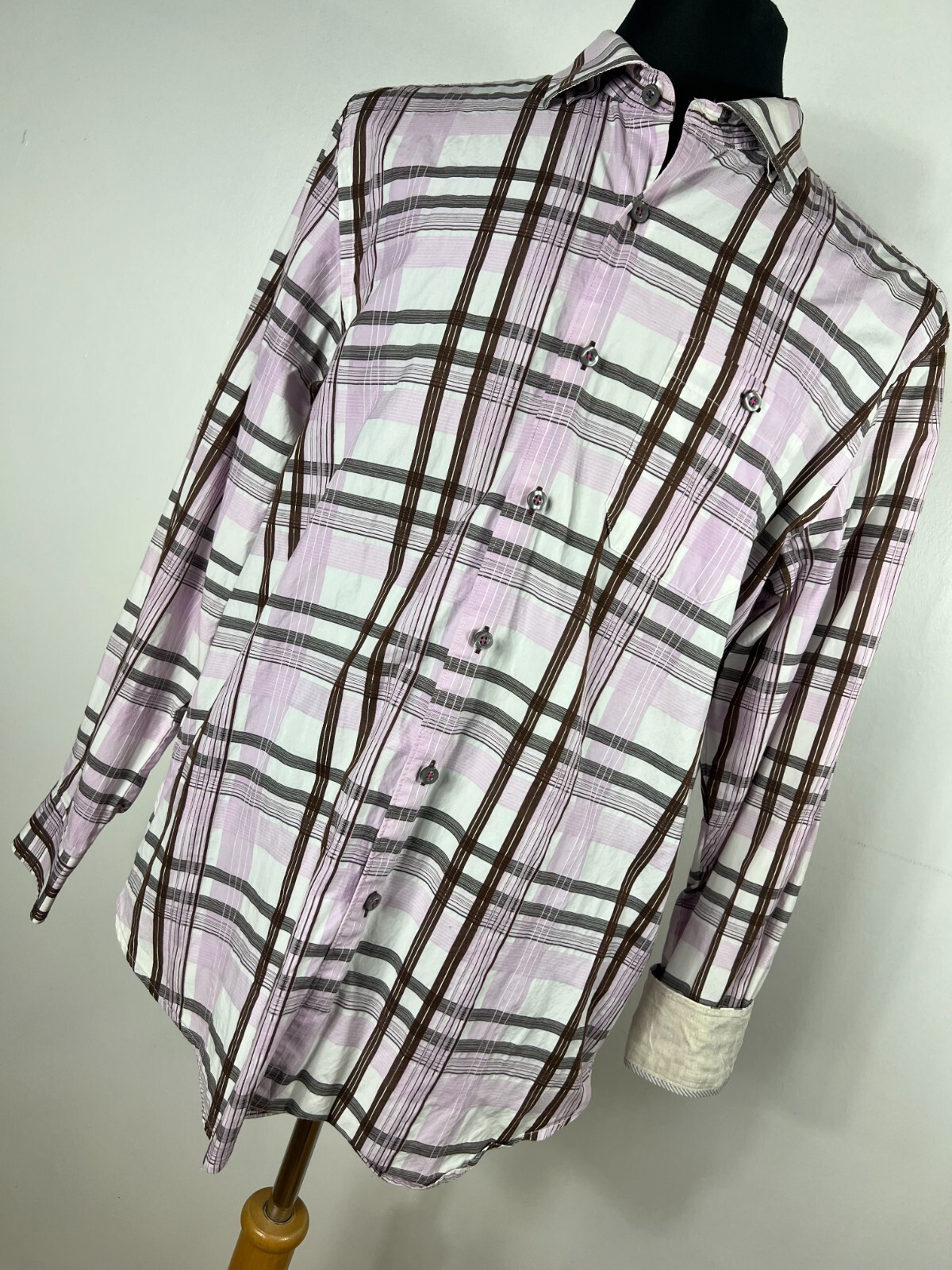 Tommy Bahama L Large Shirt Lilac Purple Brown Plaid Button Down Front Mens H9