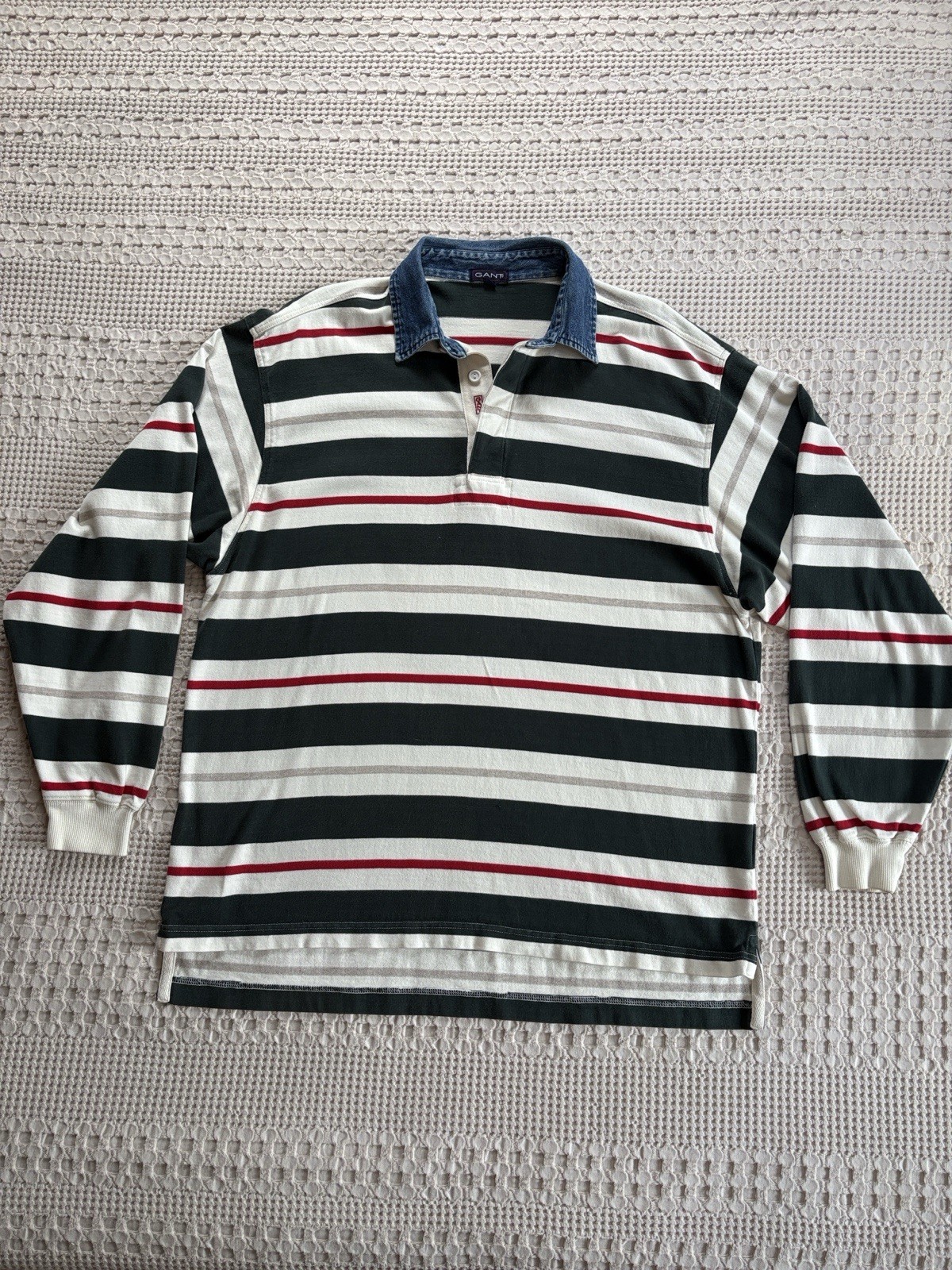 VTG 90s GANT Men’s XL Green/White Striped Rugby Polo Shirt Cotton Denim Collar