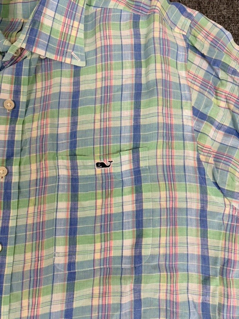 VINEYARD VINES Tucker Blue Green Plaid Button Up Shirt Men 100 % Linen Size L