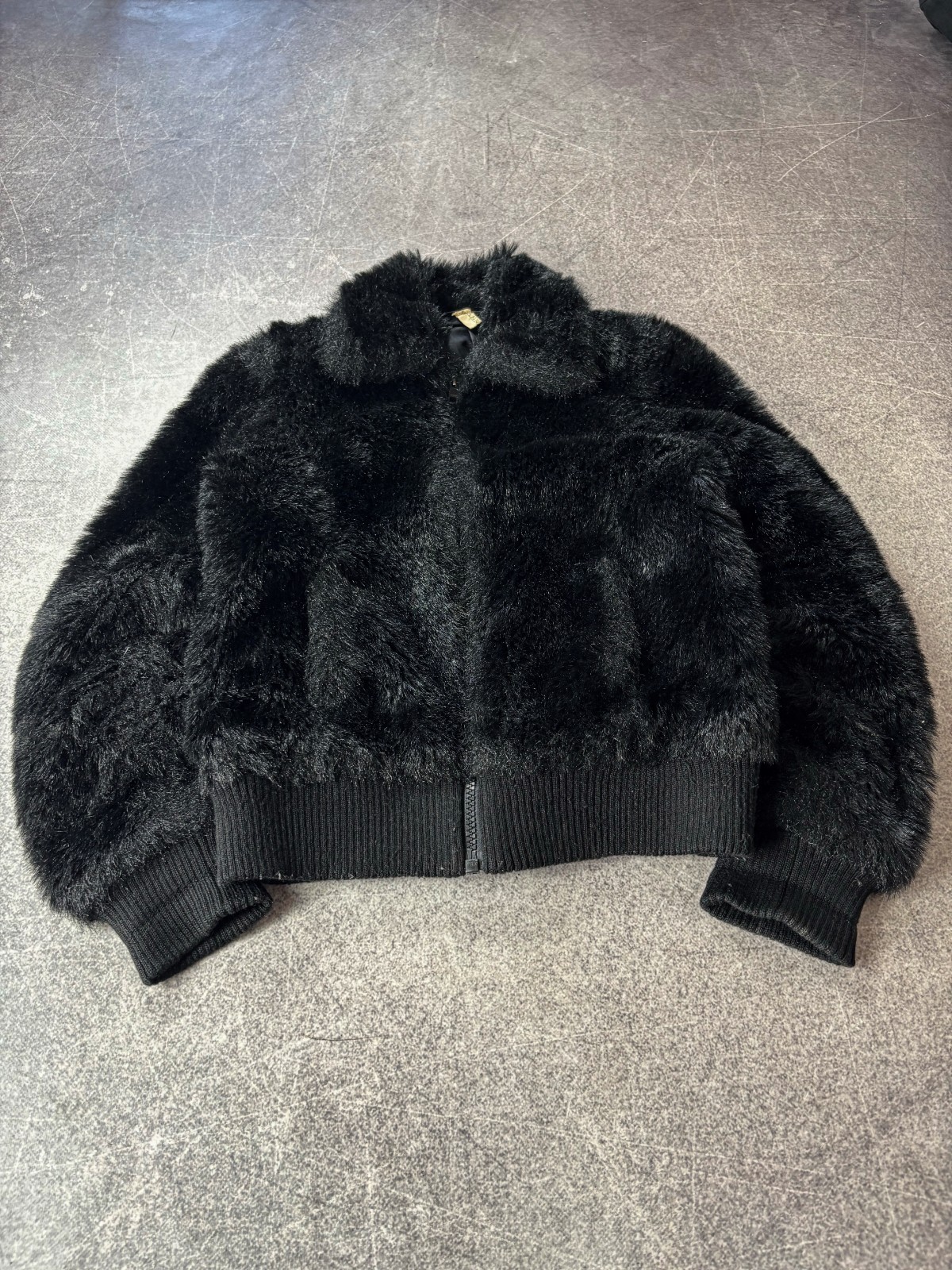 2000s Vintage Black Faux Fur Bomber Jacket Cropped Glam Y2K Luxury Winter Style
