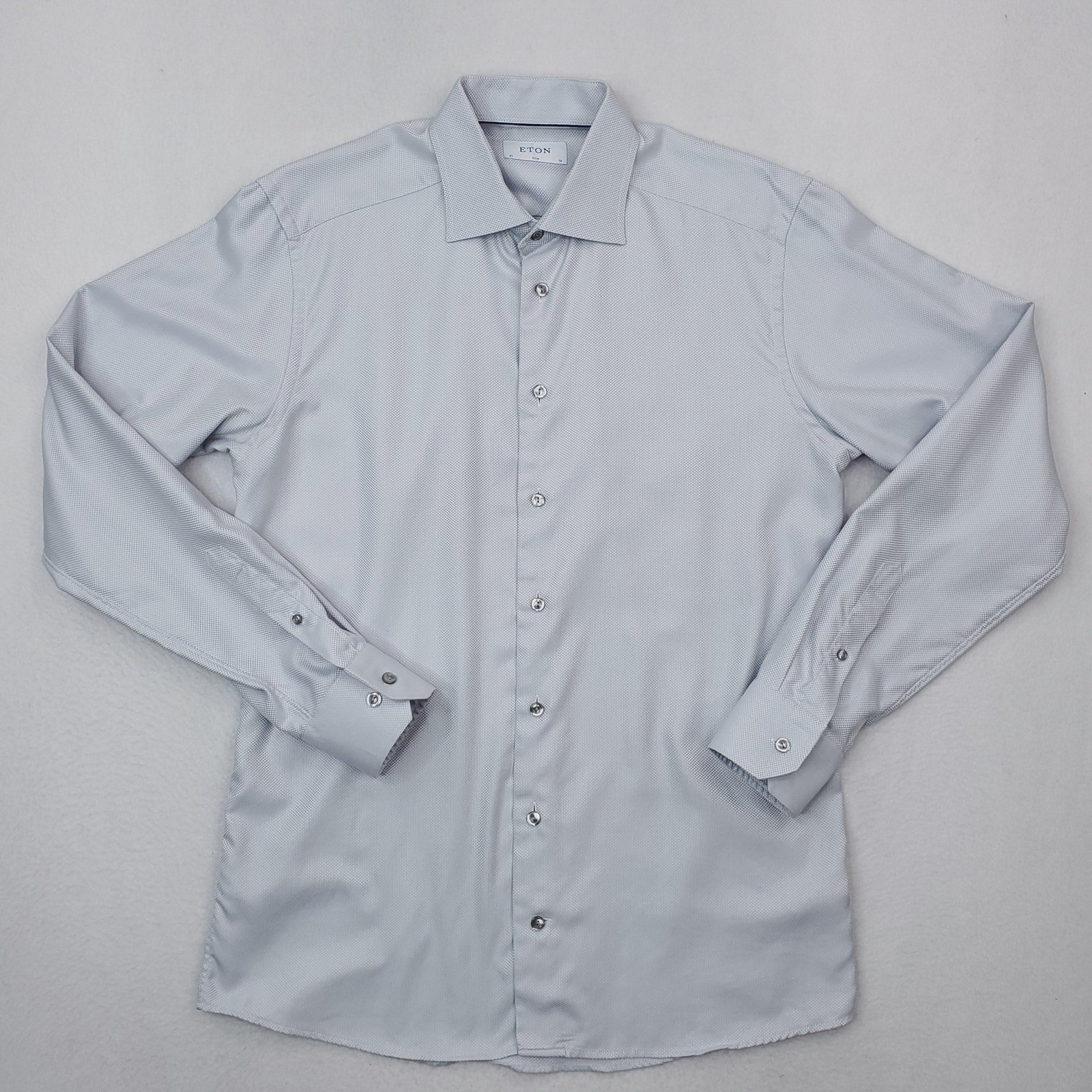 Eton Dress Shirt Mens 16 Blue Solid Slim Fit Long Sleeve Cotton Spread Collar
