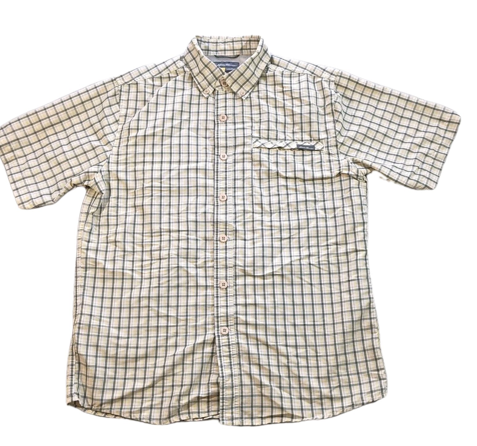 Eddie Bauer Travex Button Up Shirt Mens Small Yellow Gray Plaid Short Sleeve