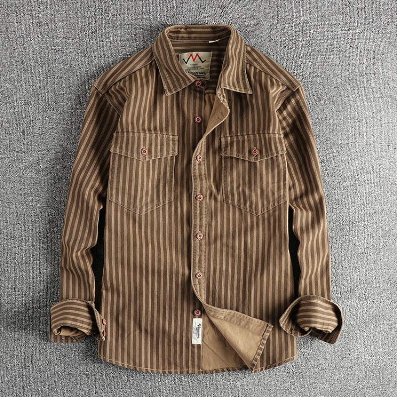 Retro Striped Men Long-Sleeved Blouse Comfortable and Casual Work Jacket Shirts
