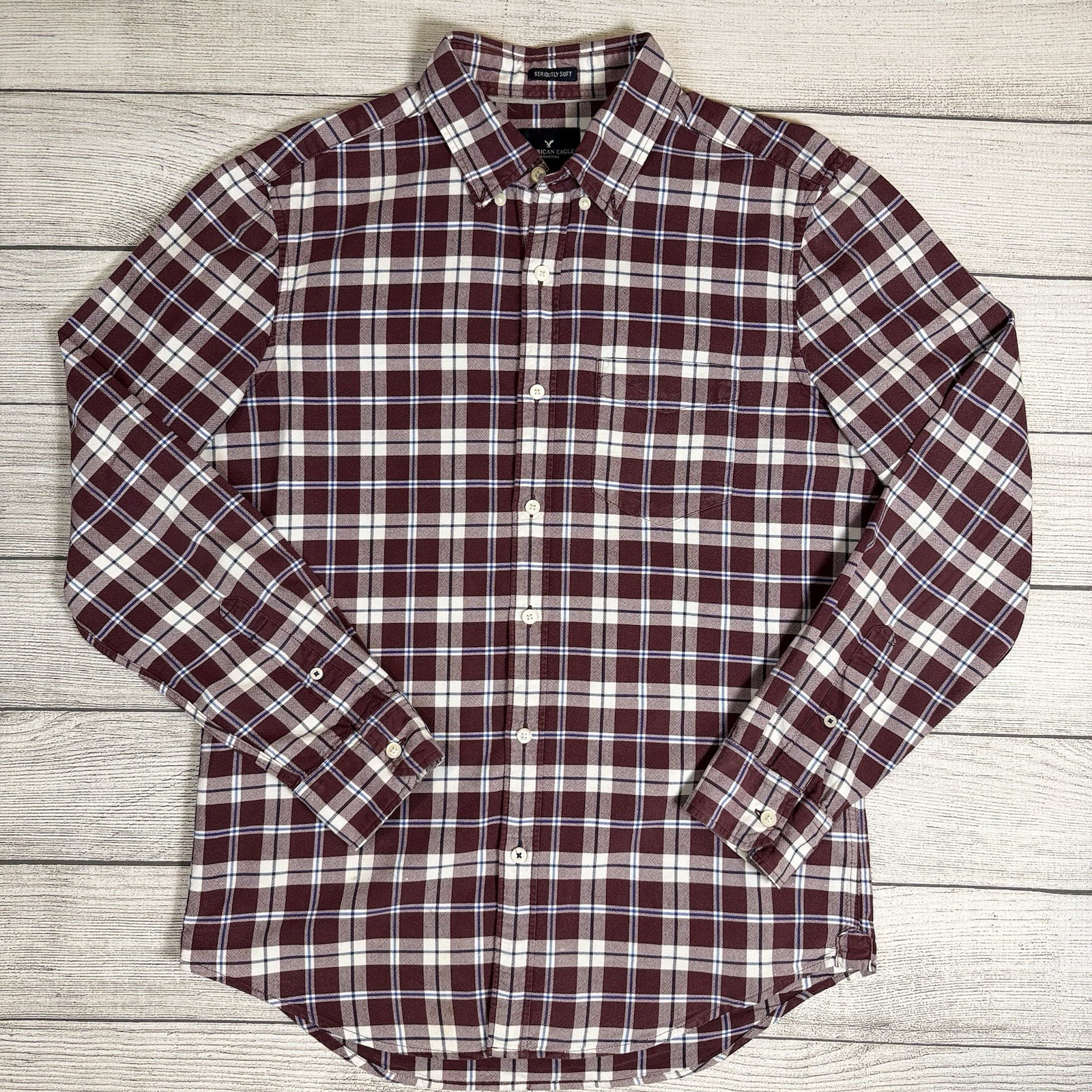 American Eagle Seriously Soft Plaid Button-Down Long Sleeve Burgundy M Gorpcore