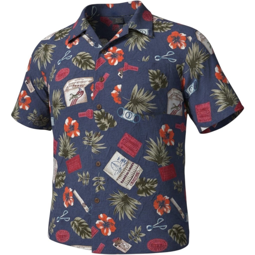 Cherokee Mens XL Tropical Cigar Hibiscus Print Button Down Shirt Rayon Navy Blue