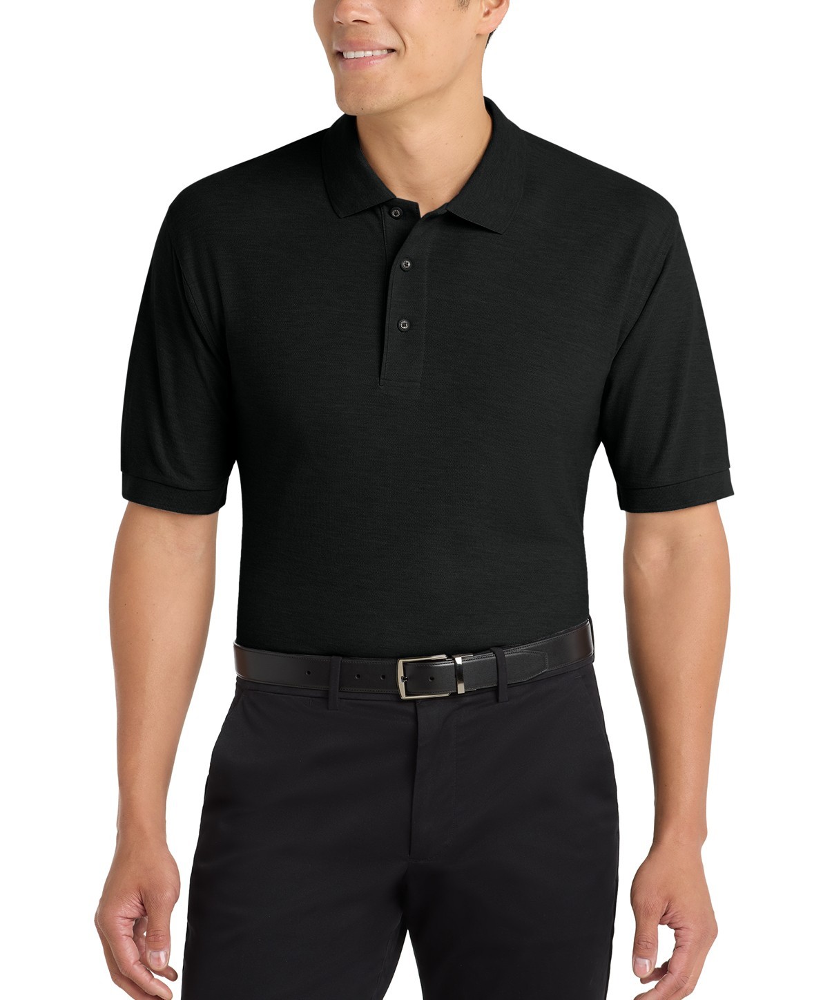 Soft, durable, 5 oz 65/35 Poly/Cotton Short Sleeve Polo Shirt, Black, Large, New