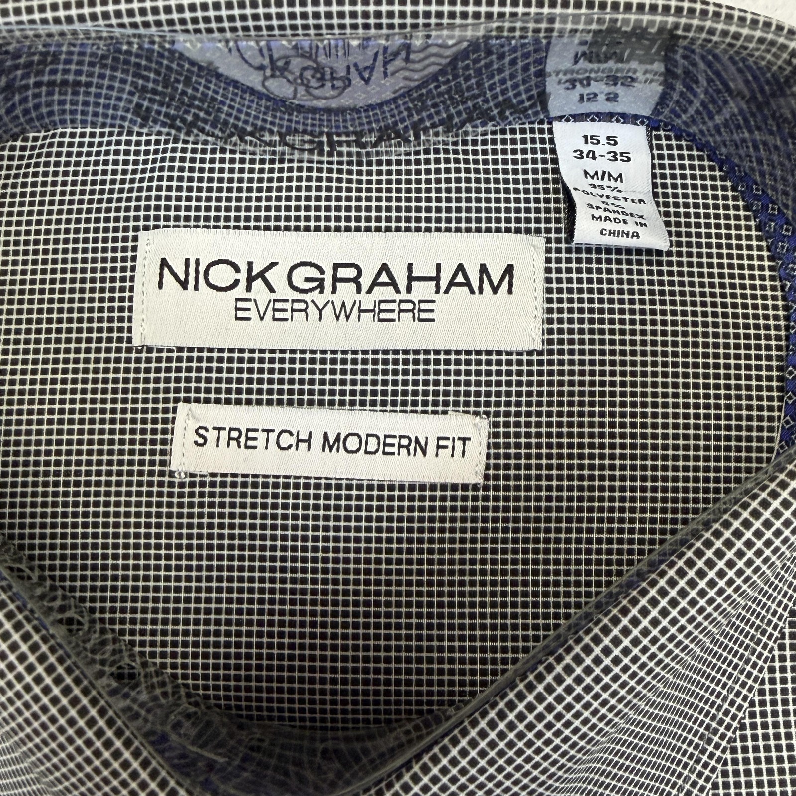 Nick Graham Dress Shirt Mens 15.5 34/35 Black Check Stretch Modern Fit Traveler