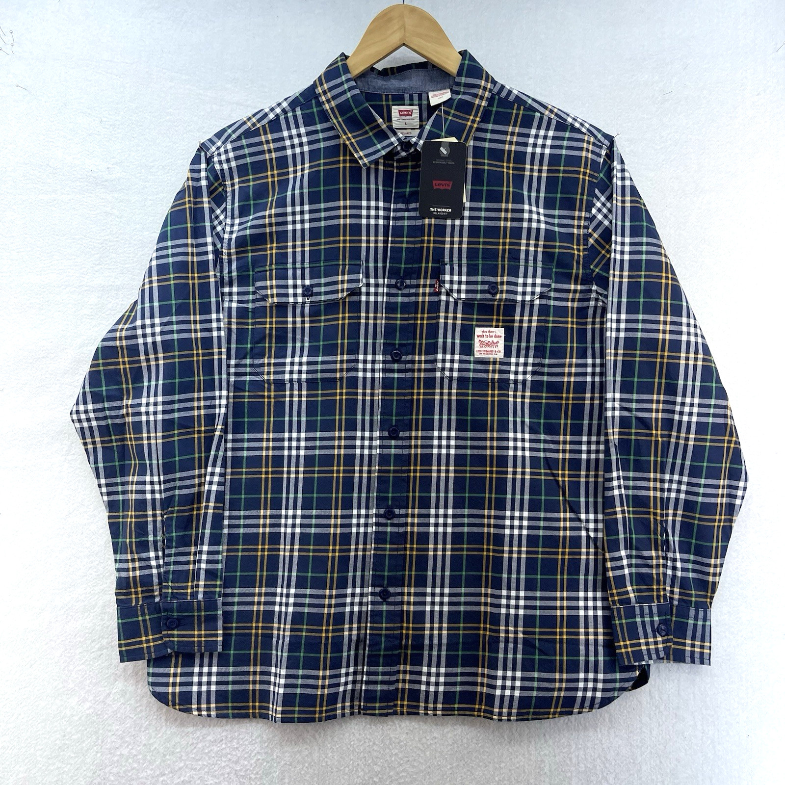 Levis Shirt Men Large Blue Plaid The Worker Relaxed Fit Flannel American Western