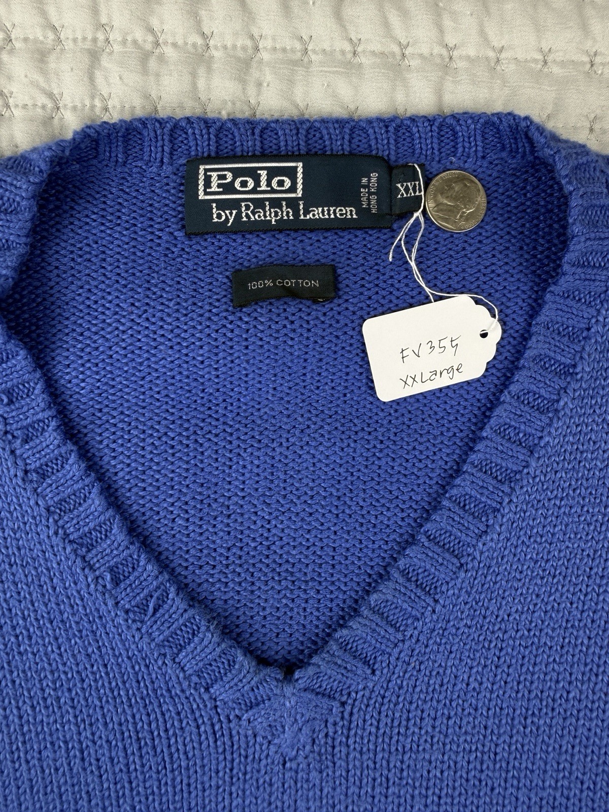Polo Ralph Lauren Blue Solid Cotton V-Neck Knit Logo Sweater Vest Mens XXL