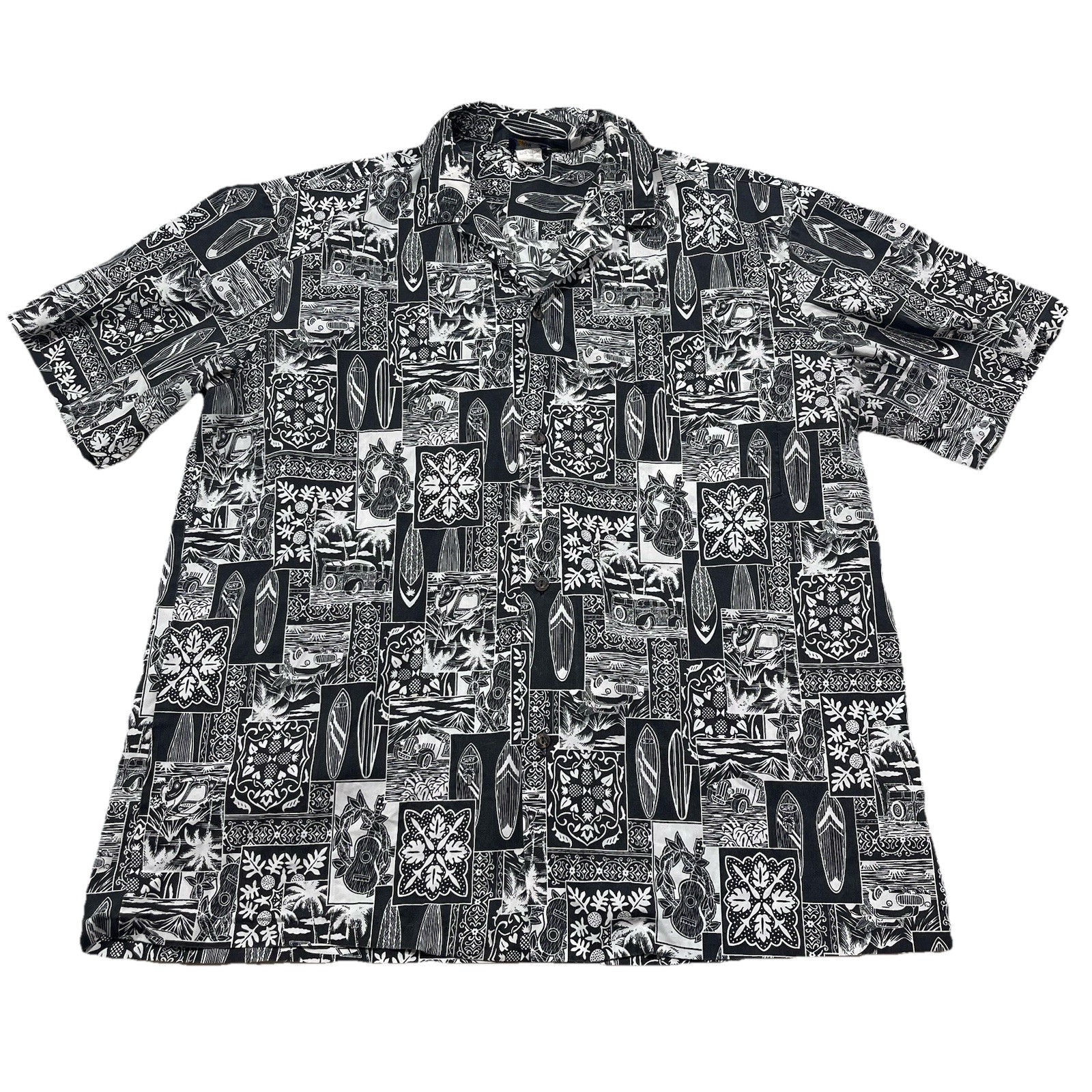 Royal Creations Mens Hawaiian Floral Camp Shirt Size XL Black Button Up N25