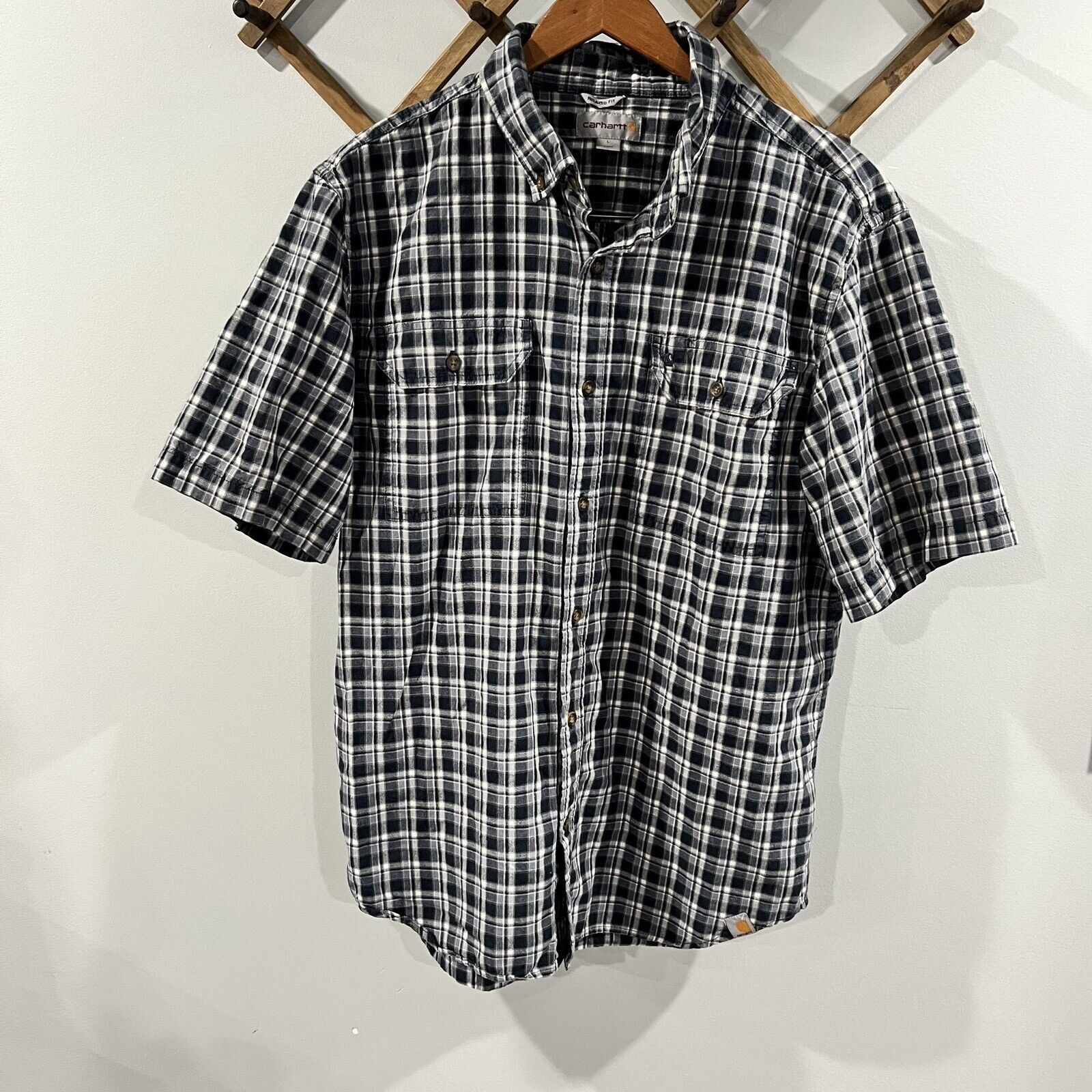 Carhartt Men L Relaxed Fit Button Down Front Collar S/S Plaid Shirt Pocket Top