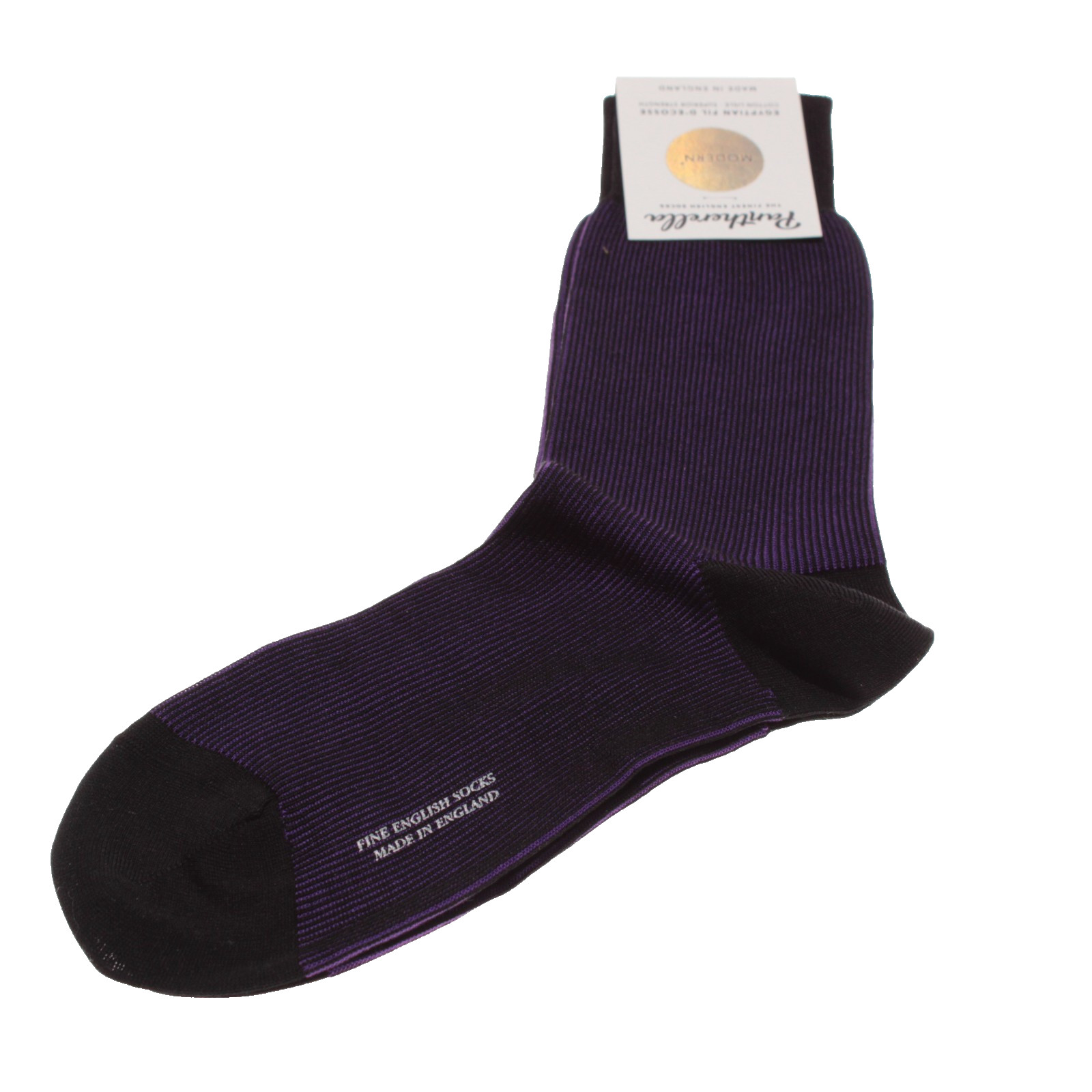 Pantherella NWT Santos Dress Socks Size M in Black & Purple Pinstripes Cotton