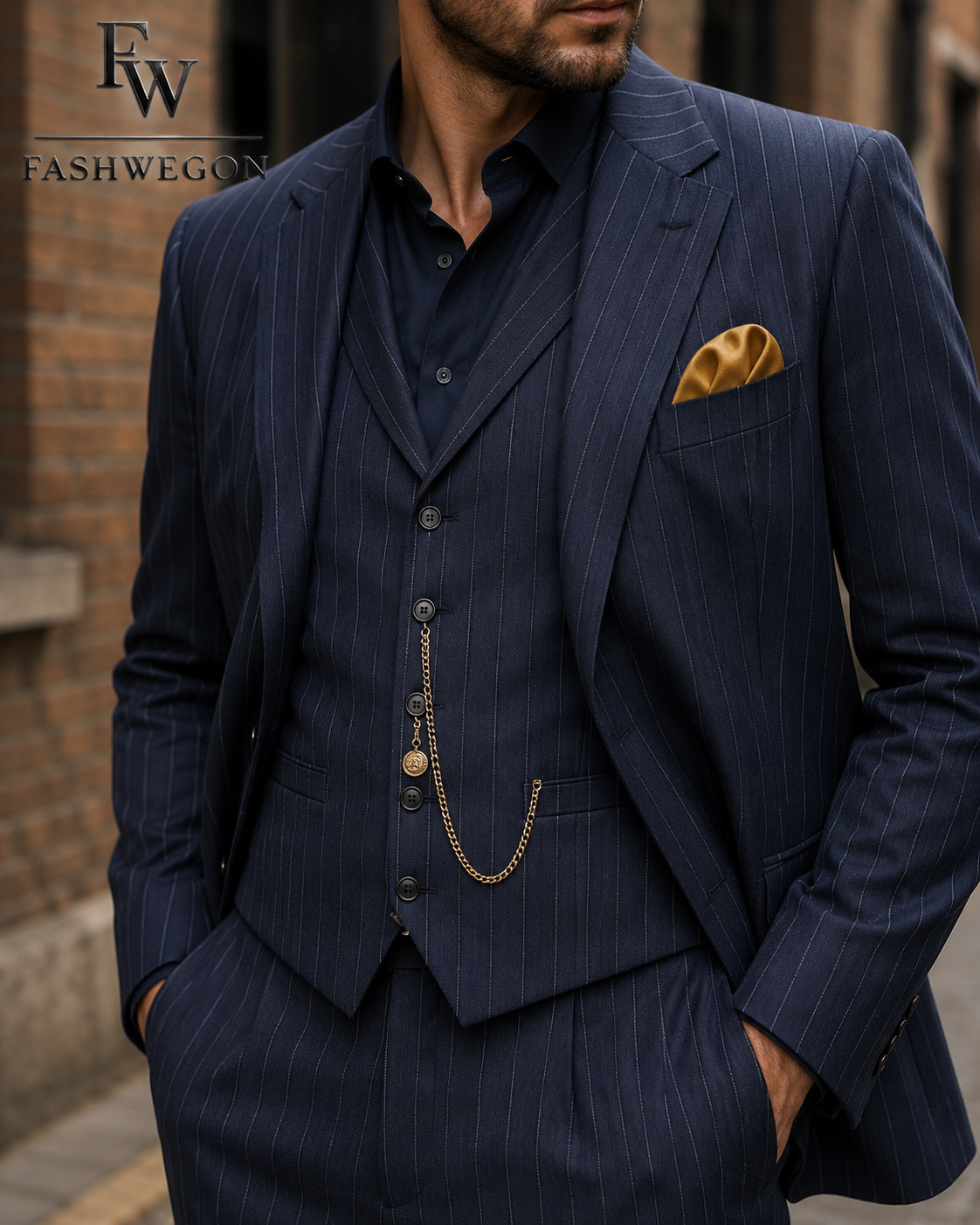 FASHWEGON Men’s Navy Pinstripe 3 Piece Suit Slim Fit Wedding Formal Business