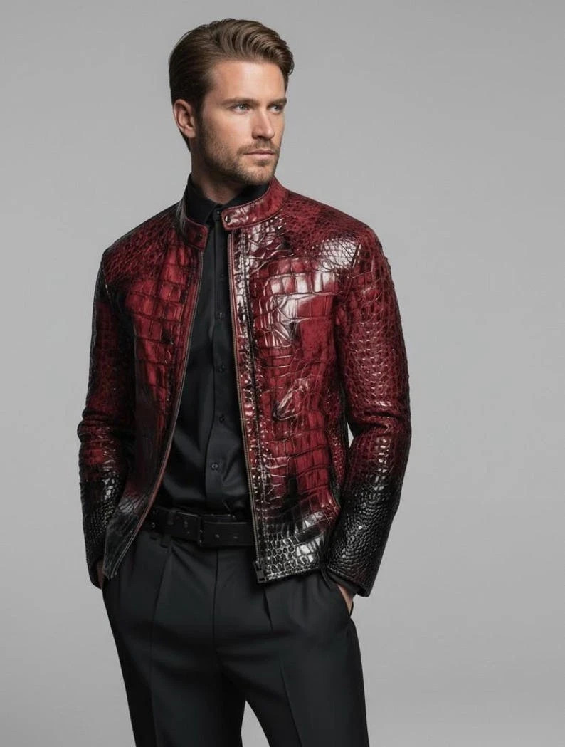Men’s Leather Jacket Red & Black Crocodile Pattern Real Luxury Leather Jacket