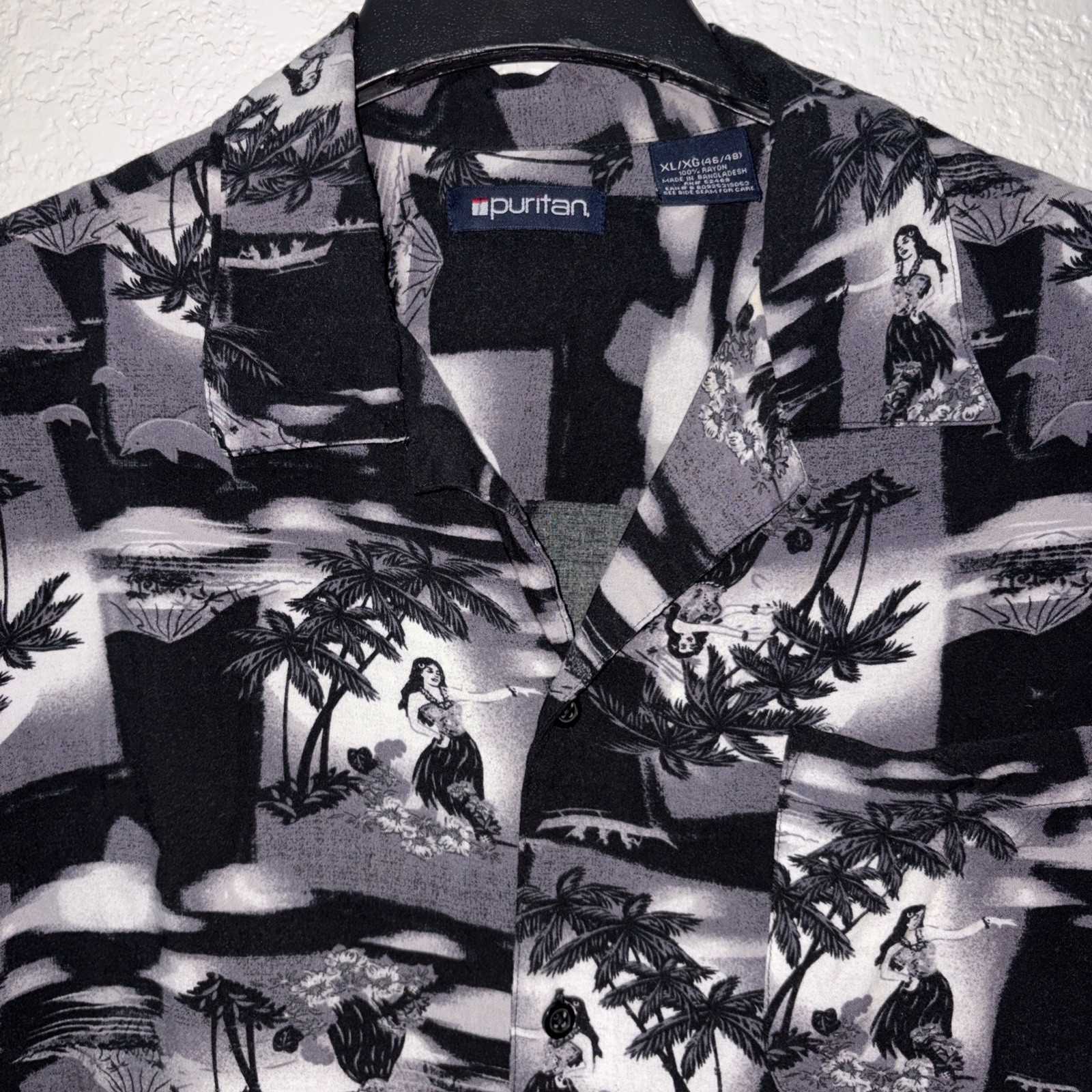 Puritan Mens XL Black White Hawaiian Shirt Hula Girl Palm Tree Aloha Camp
