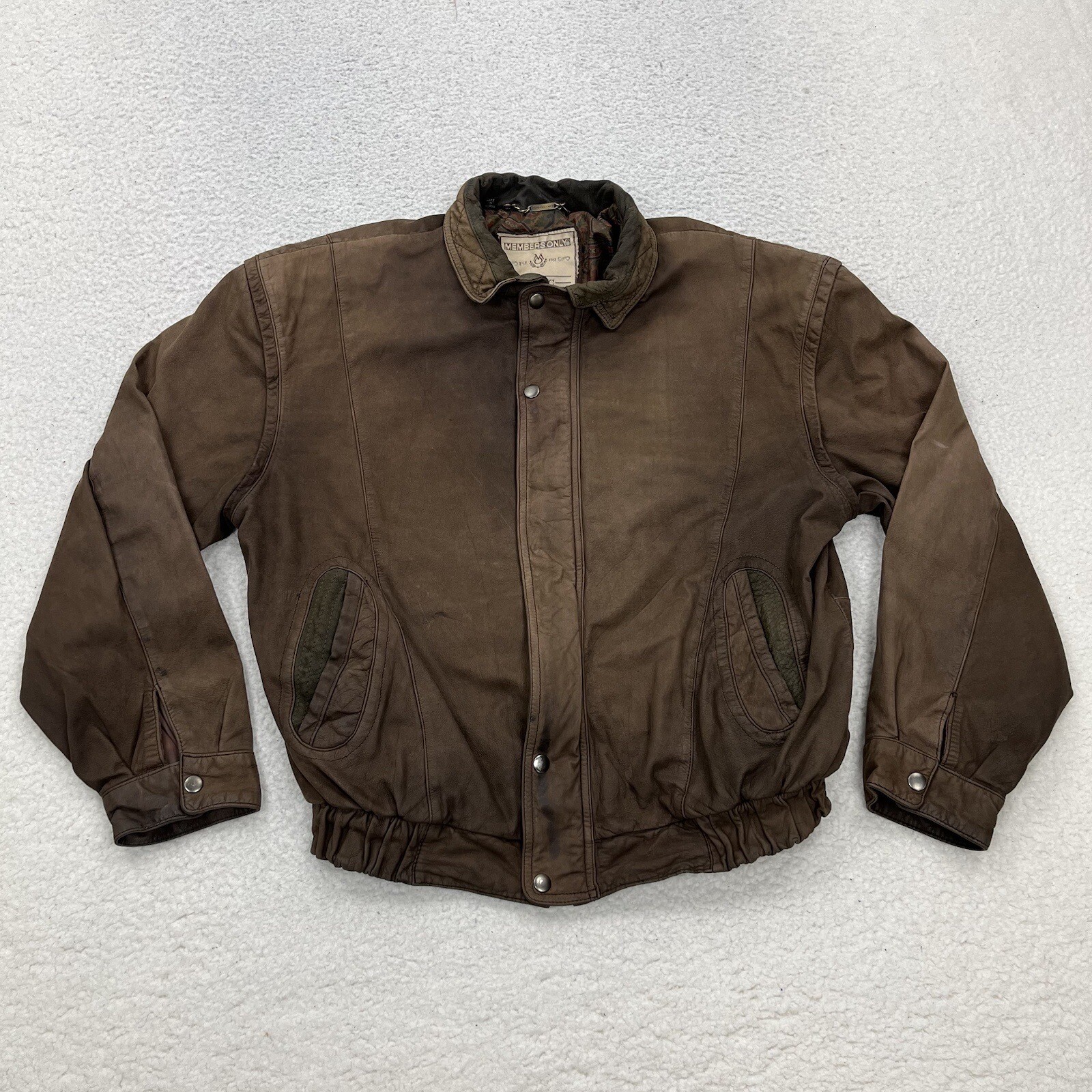 Members Only Leather Bomber Jacket Mens 44 Brown Full Zip Paisley Lining