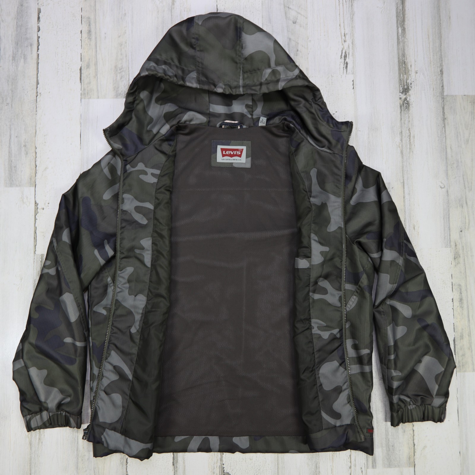 Levis Jacket Mens Large Camouflage Full Zip Hooded Windbreaker