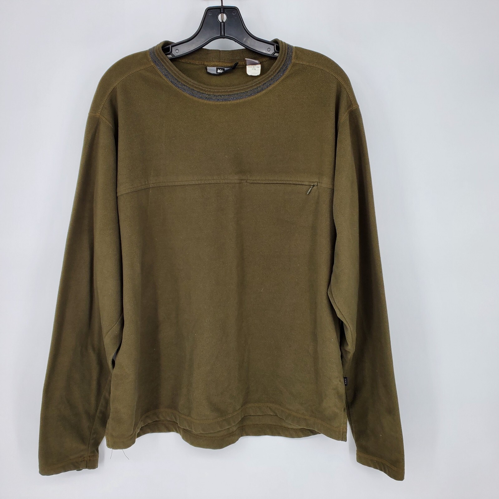 REI Fleece Pullover Sweater Mens Large Dark Olive Green Front Zip Pocket