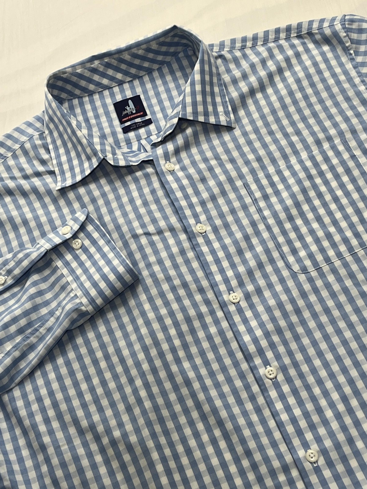 Johnnie-O Shirt Mens 2XL Blue Check Button Up Prep-Formance Gulf Blue Pocket