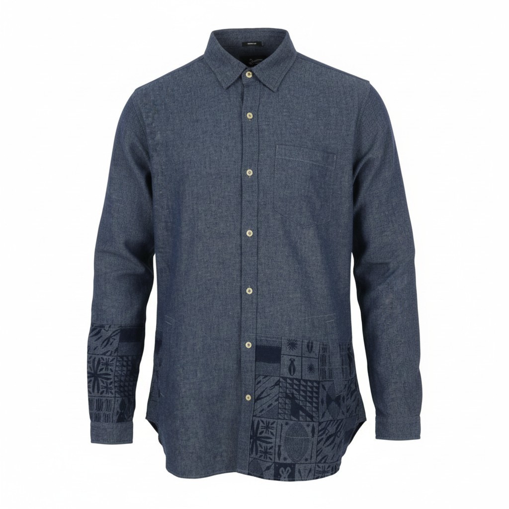 DENHAM x Daily Peper Men Shirt L Long Blue Denim Look Tencel Blend Button Up *