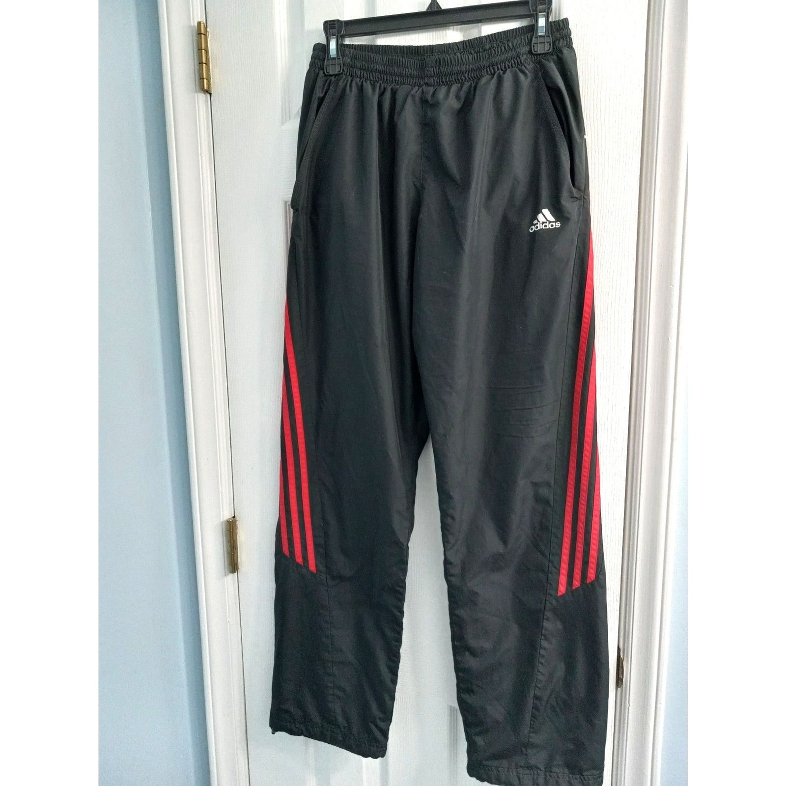 Mens Adidas Jogger Track Pants Black with Red Stripes & Cord Lock Cuffs SIZE MED