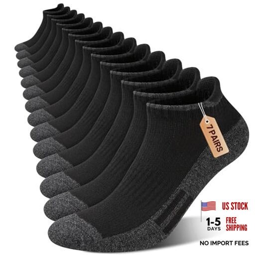 Mens Ankle Socks Cushioned Low Cut Athletic Sports Breathable 7 Pairs Black