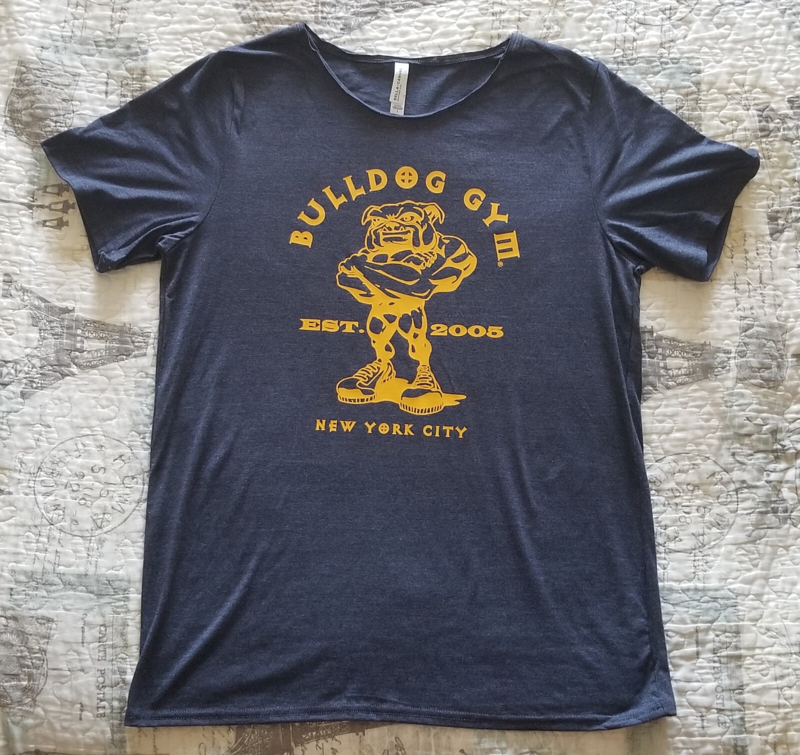 Bulldog Gym New York City Raw Neck Bella Canvas Heather Navy T-Shirt NEW M L XL