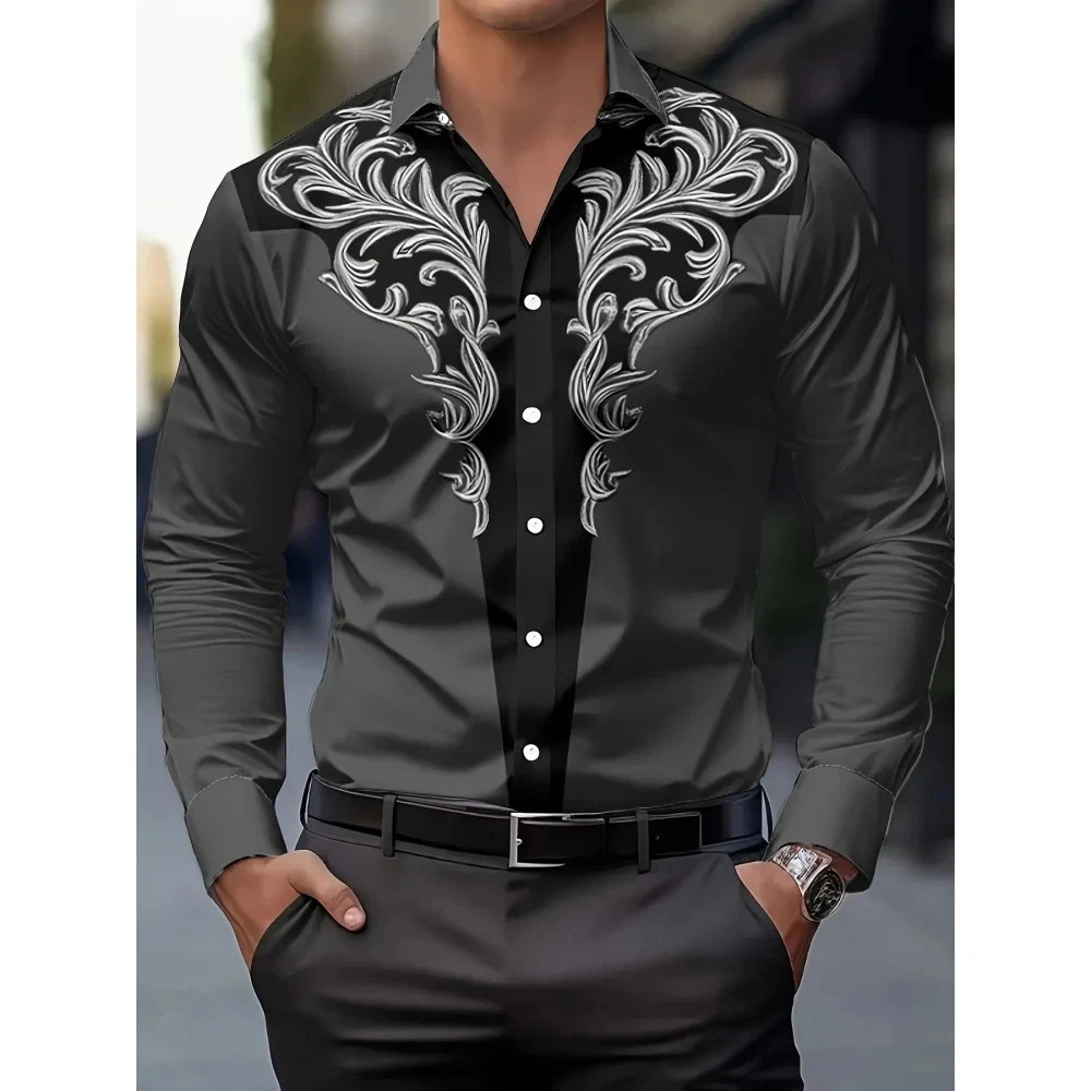 Men’s Western Cowboy Shirt Long Sleeve Retro Printing Casual Buttons Down Shirt