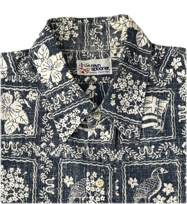 Reyn Spooner Lahaina Sailor Button Up Shirt Mens Large Blue Reverse Print
