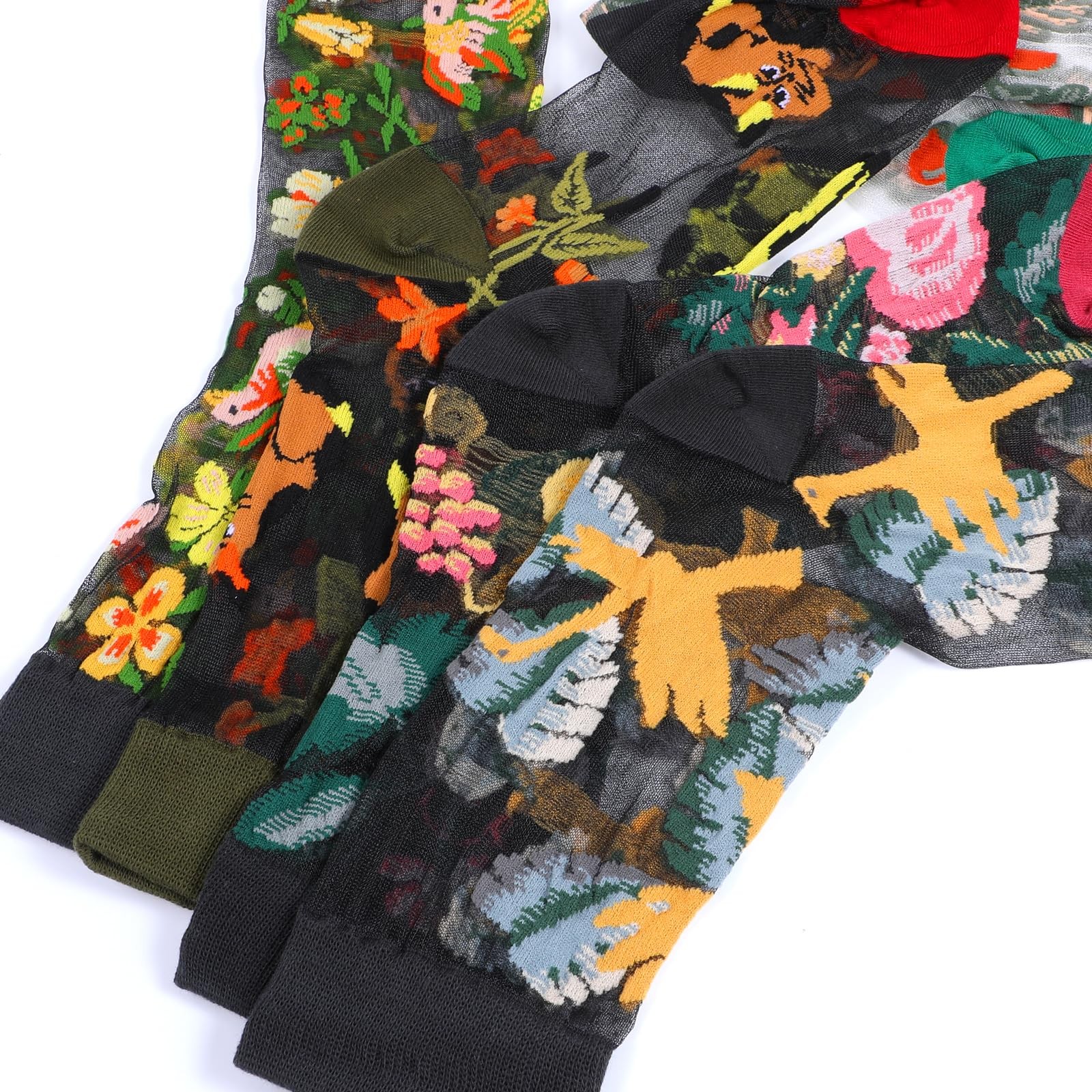 5 Pairs Floral Sheer Socks Women Ankle, Transparent Fancy Floral Summer Sheer