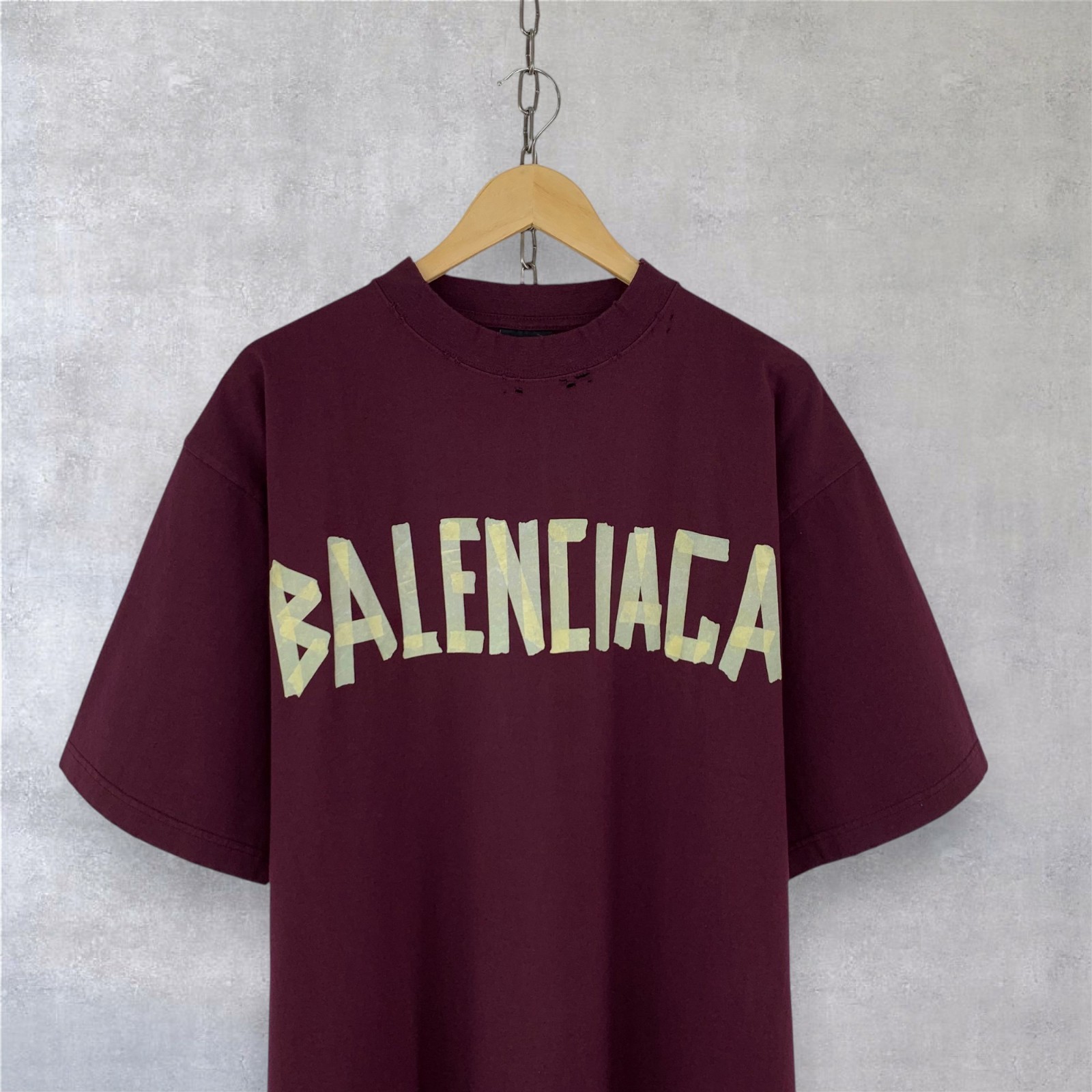 Balenciaga Tape Type Logo Cotton Crewneck Short Sleeve Burgundy T-shirt Size M