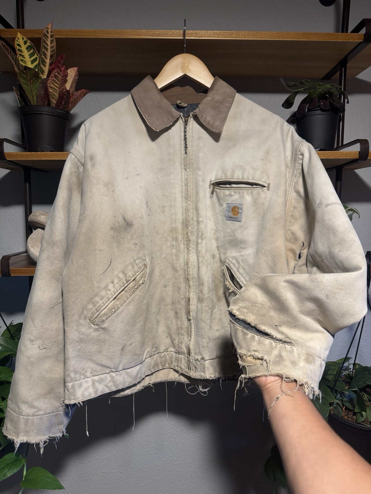 90s Carharrt Detroit Style Jacket Size m Reg Tan Faded Distressed Colorway