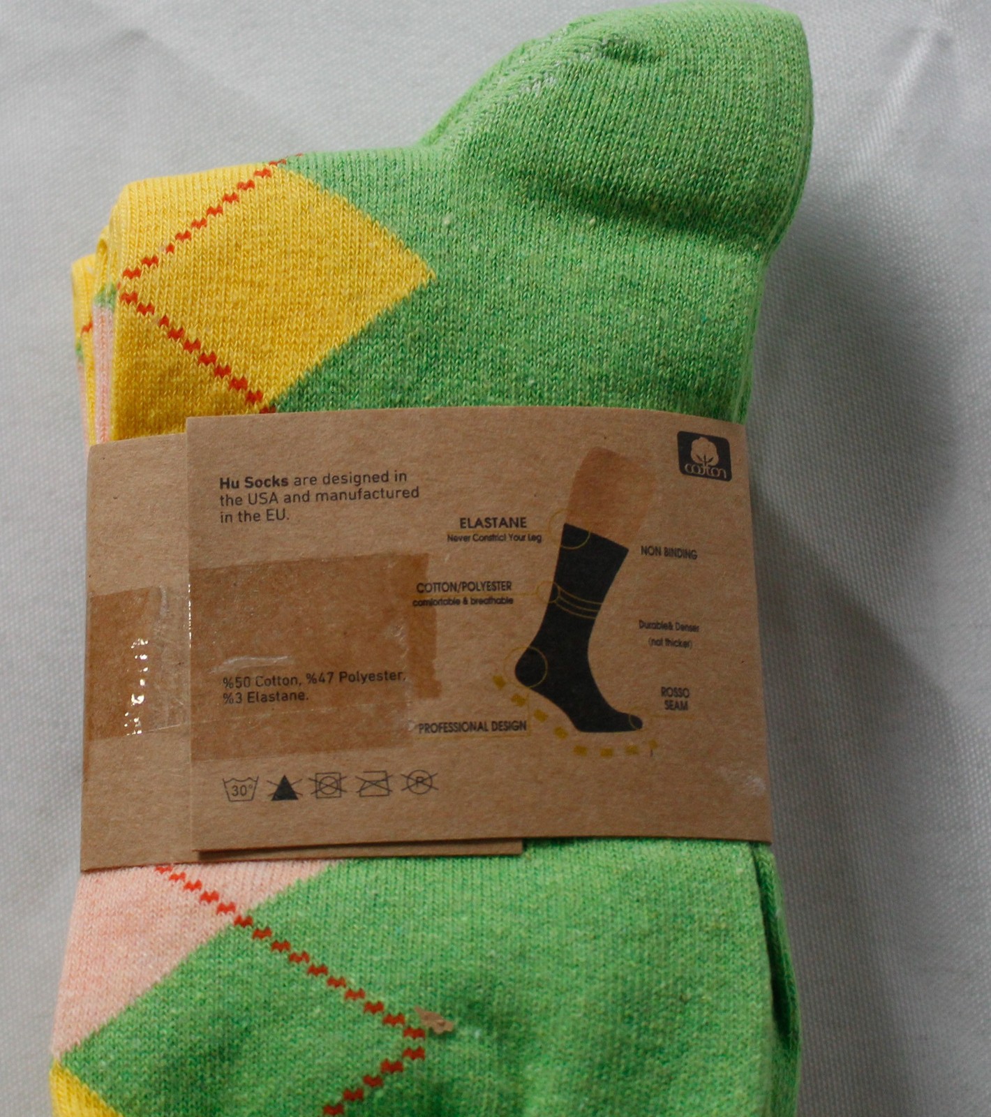 Hugh Ugoli Unisex Colorful Cotton Dress Crew Argyle Socks DH3 Green Large NWT