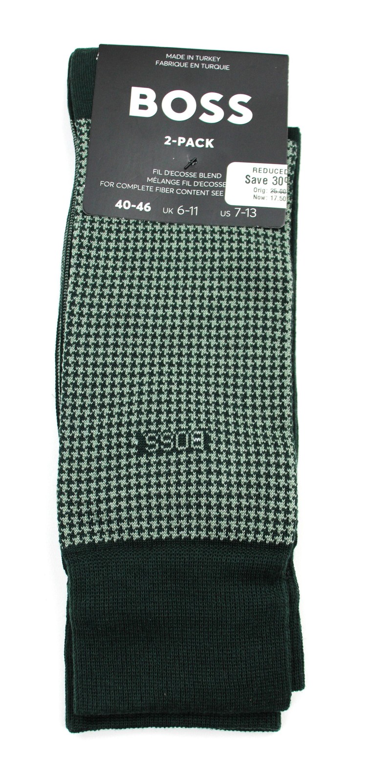Hugo Boss Socks Mens 7-13 Green Houndstooth Dress 2 Pack Mid Calf Business