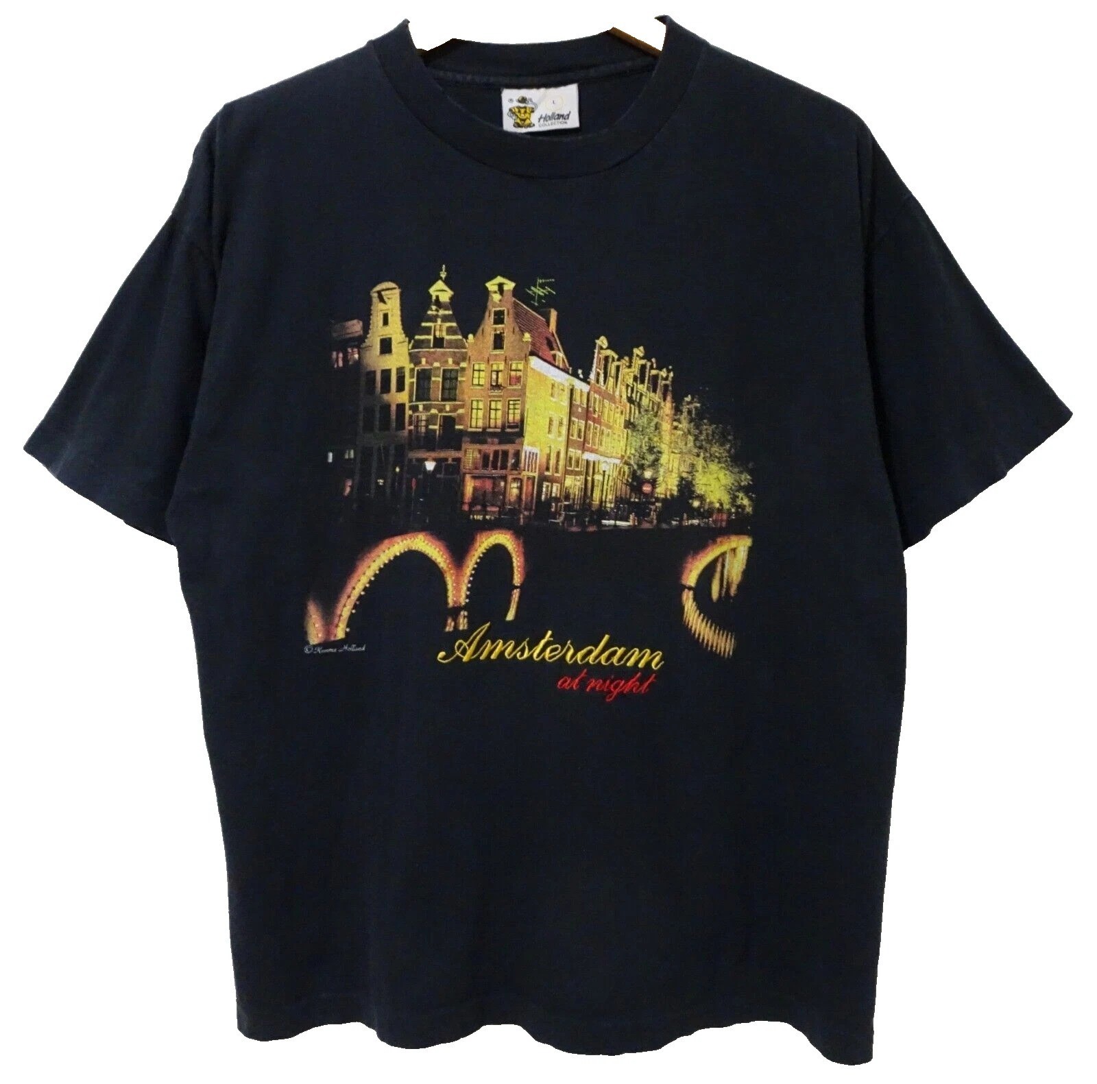 L/XL Vtg 90s Amsterdam Distressed Skate Punk Boxy Single Stitch Black T-Shirt