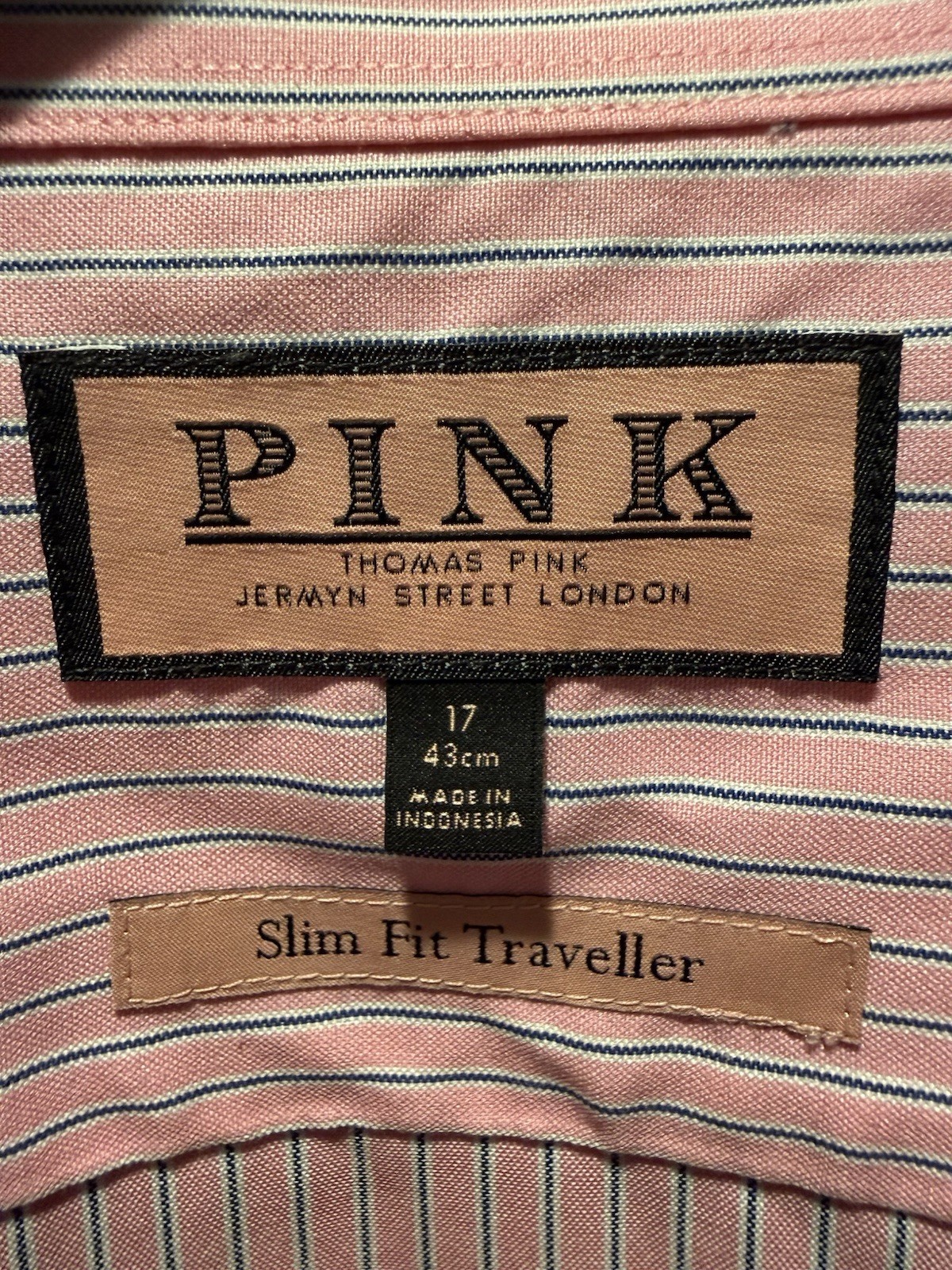 Thomas Pink London Slim Fit Traveller Dress Shirt Pink Navy Stripe 17 / 43cm