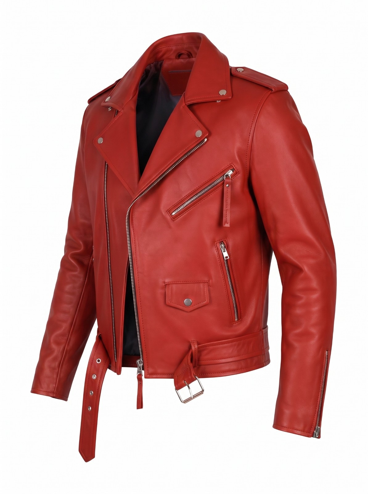 Men Red Genuine Lambskin Leather Biker Jacket Motorcycle Moto Zip Belted Jacket