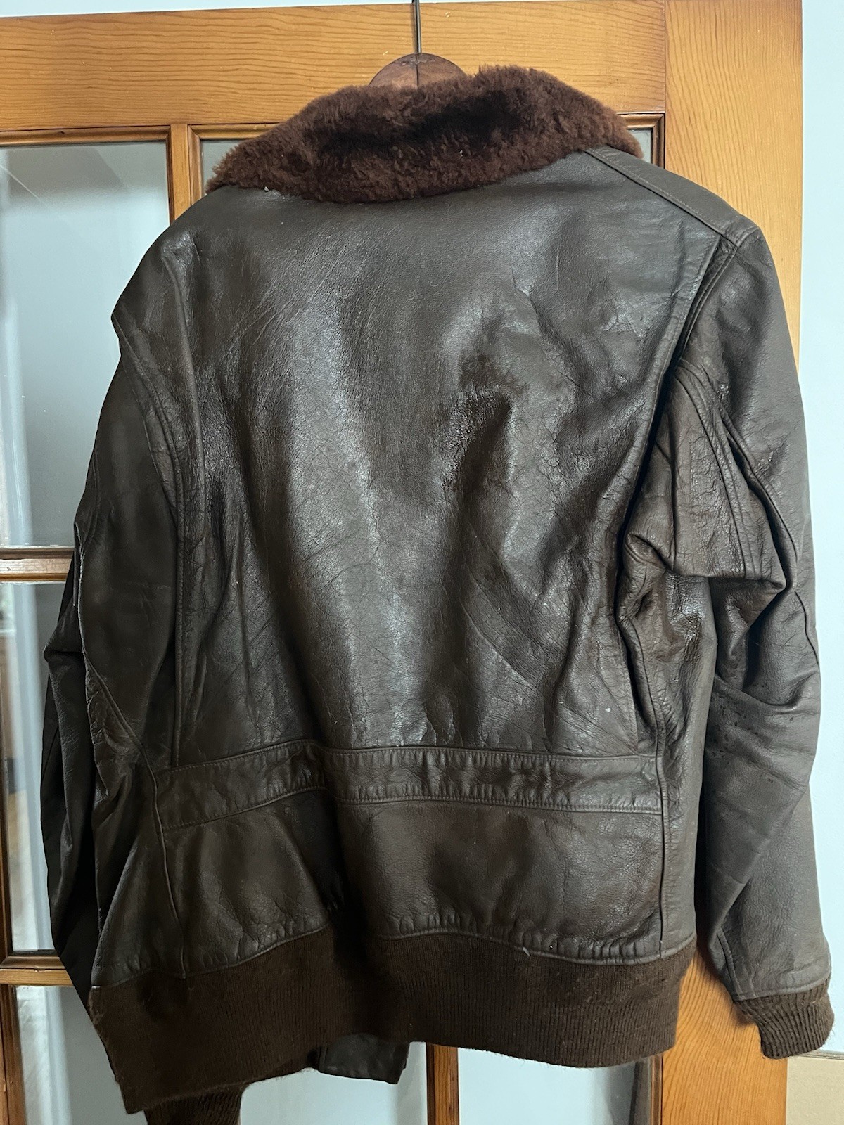 CHAS. PEPER & CO. Brown Leather Bomber Jacket Faux Fur Collar Zip Button Closure