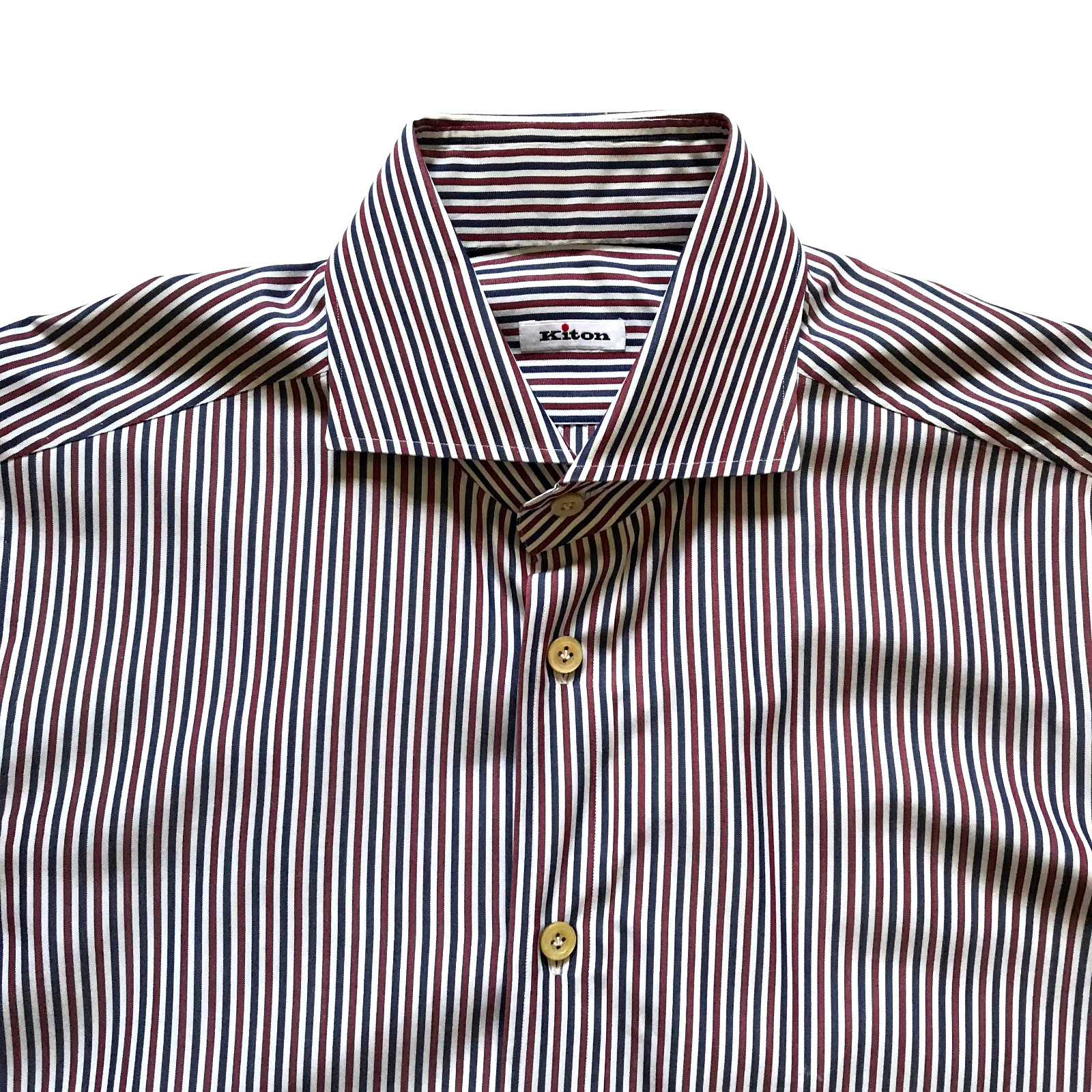 KITON Button Down Sport Shirt Mens 40 16 Red White Blue Stripe Print Long Sleeve