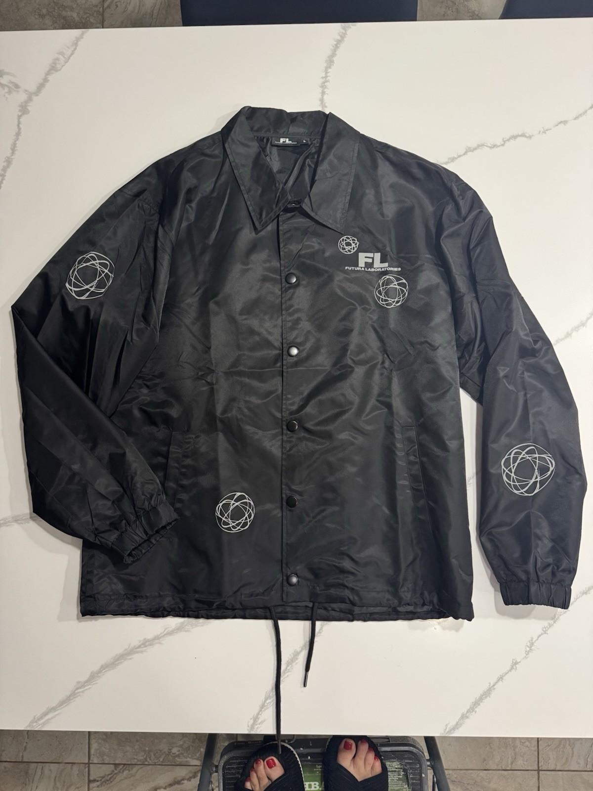 Futura Laboratories Black Graphic Logo Snap-Front Coach Jacket Point Collar L