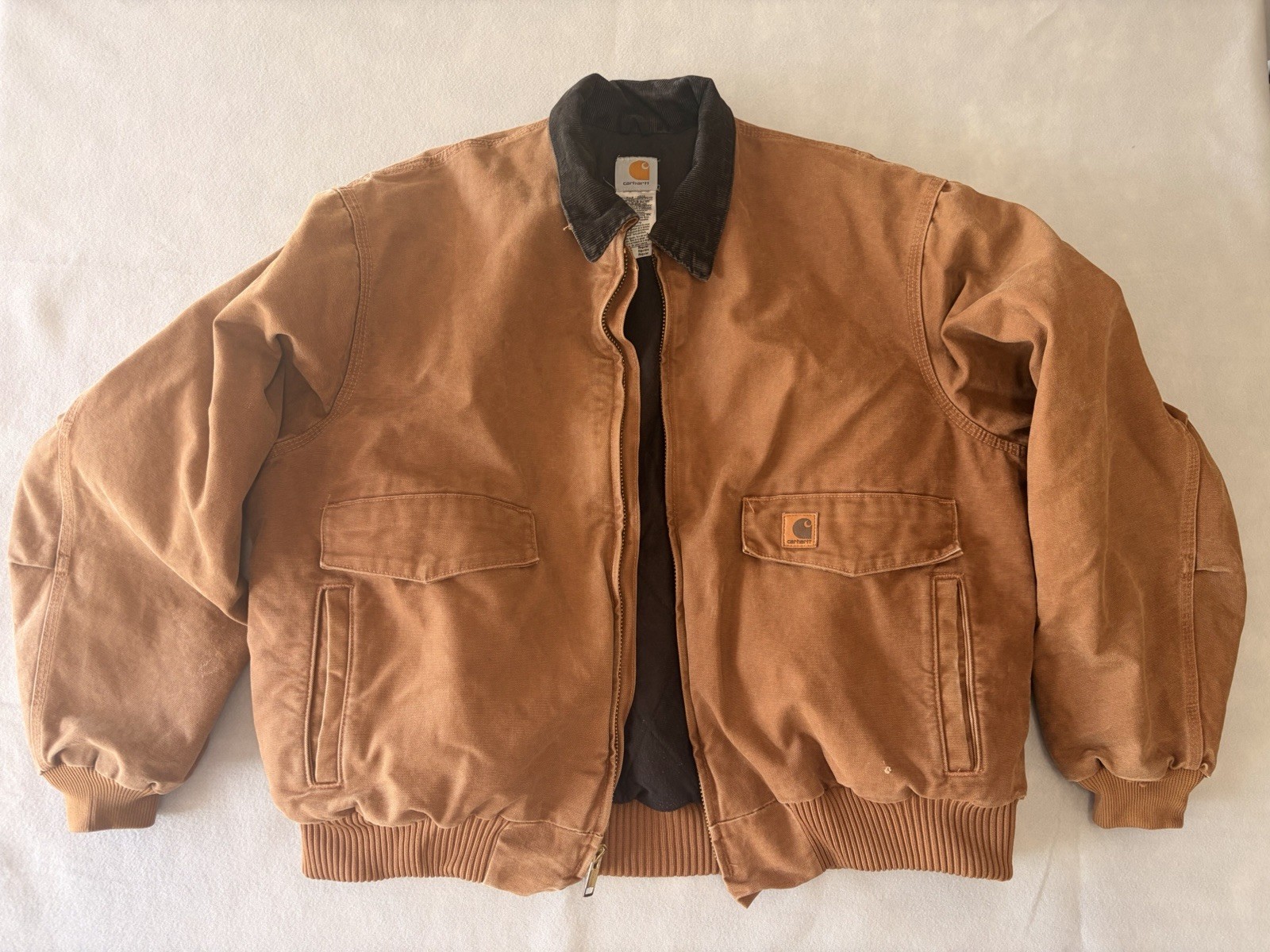 VTG Carhartt J165 BRN Brown Quilt Lined Corduroy Collar Bomber Jacket Sz 2XL