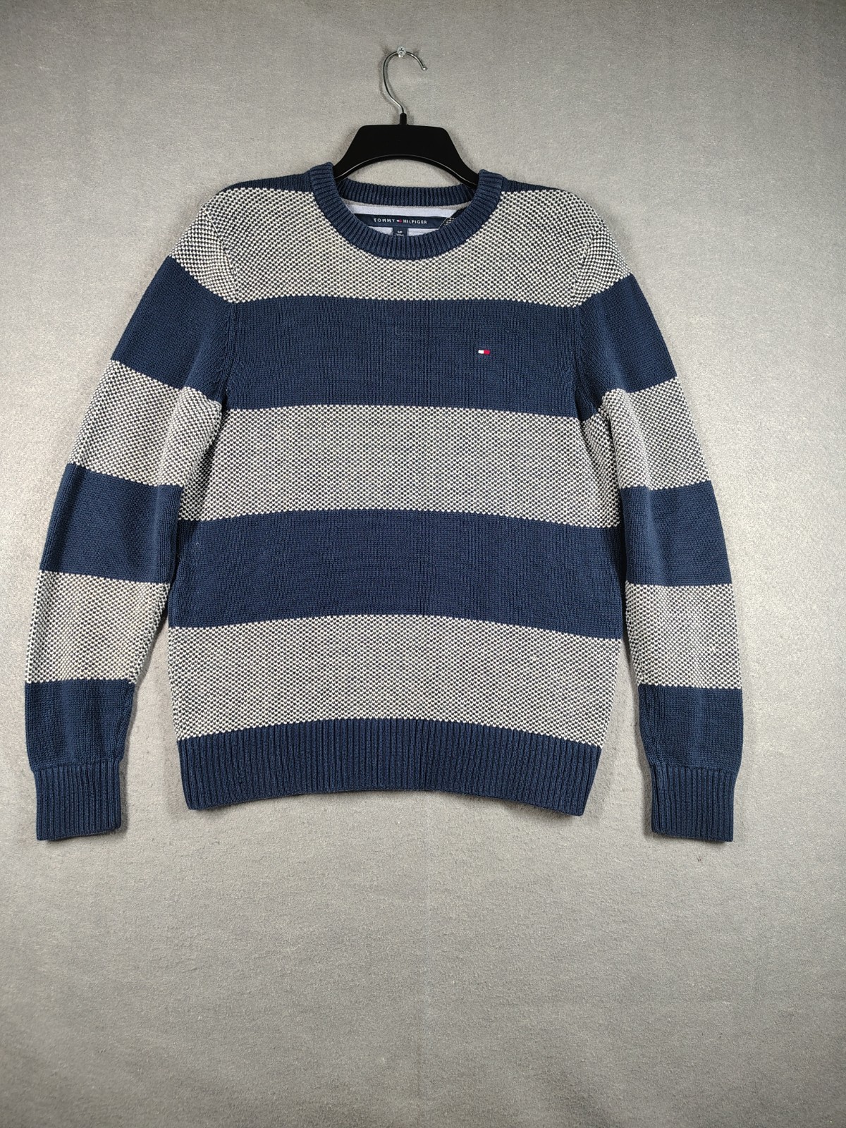 Tommy Hilfiger Navy Grey Stripe Sweater S/P Cotton Crewneck EUC Preppy