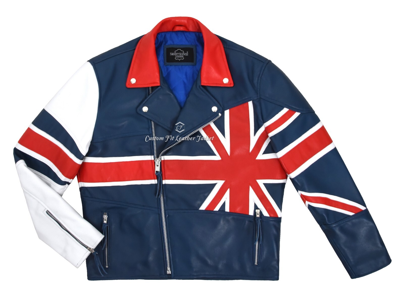 Men’s Biker Cross Zip UK Union Flag Brando Motorcycle Lambskin Leather Jacket
